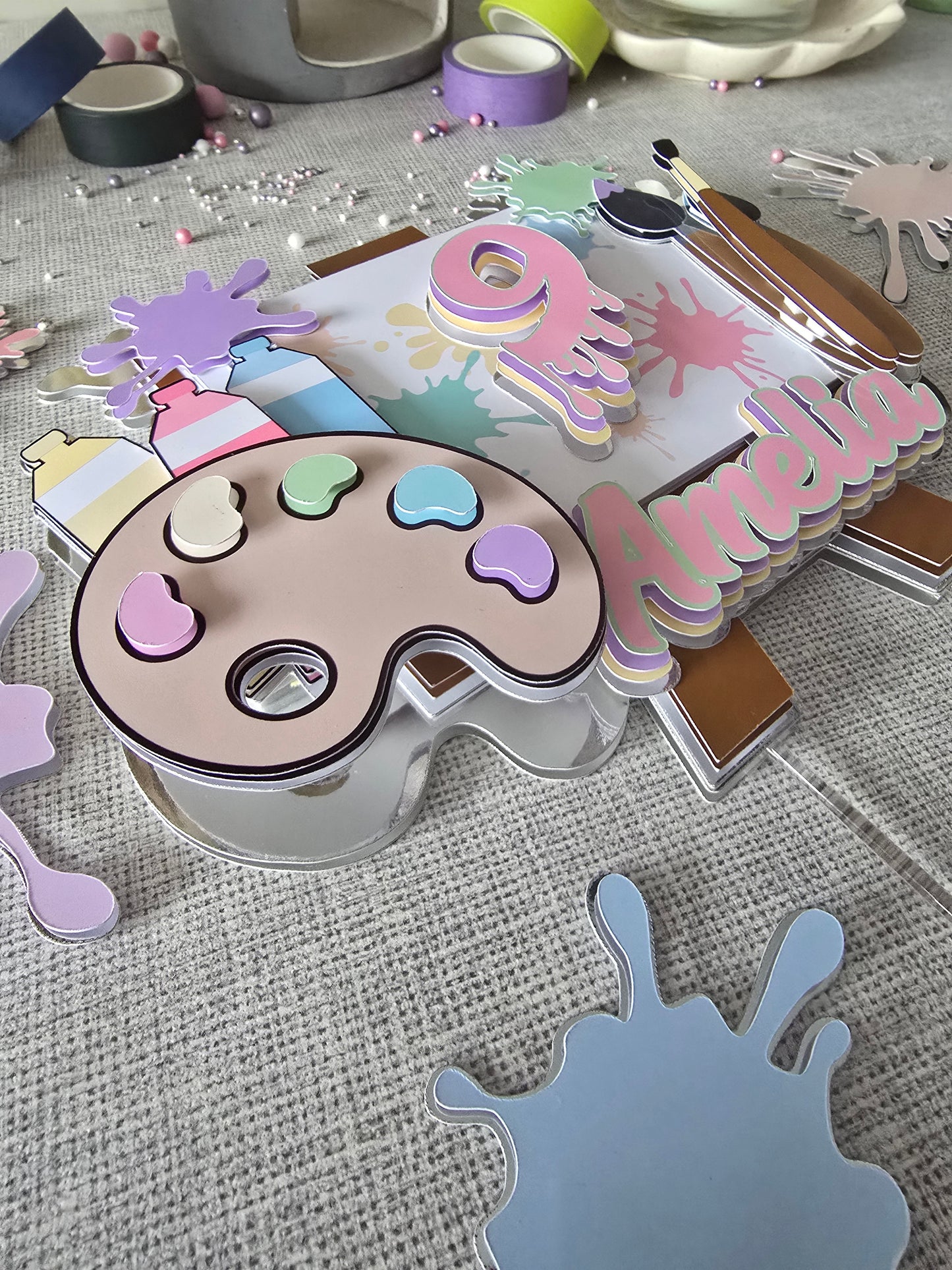 Personalised Art Theme Cake Topper – Custom Name & Age Birthday Decoration – Paint Party Cake Topper
