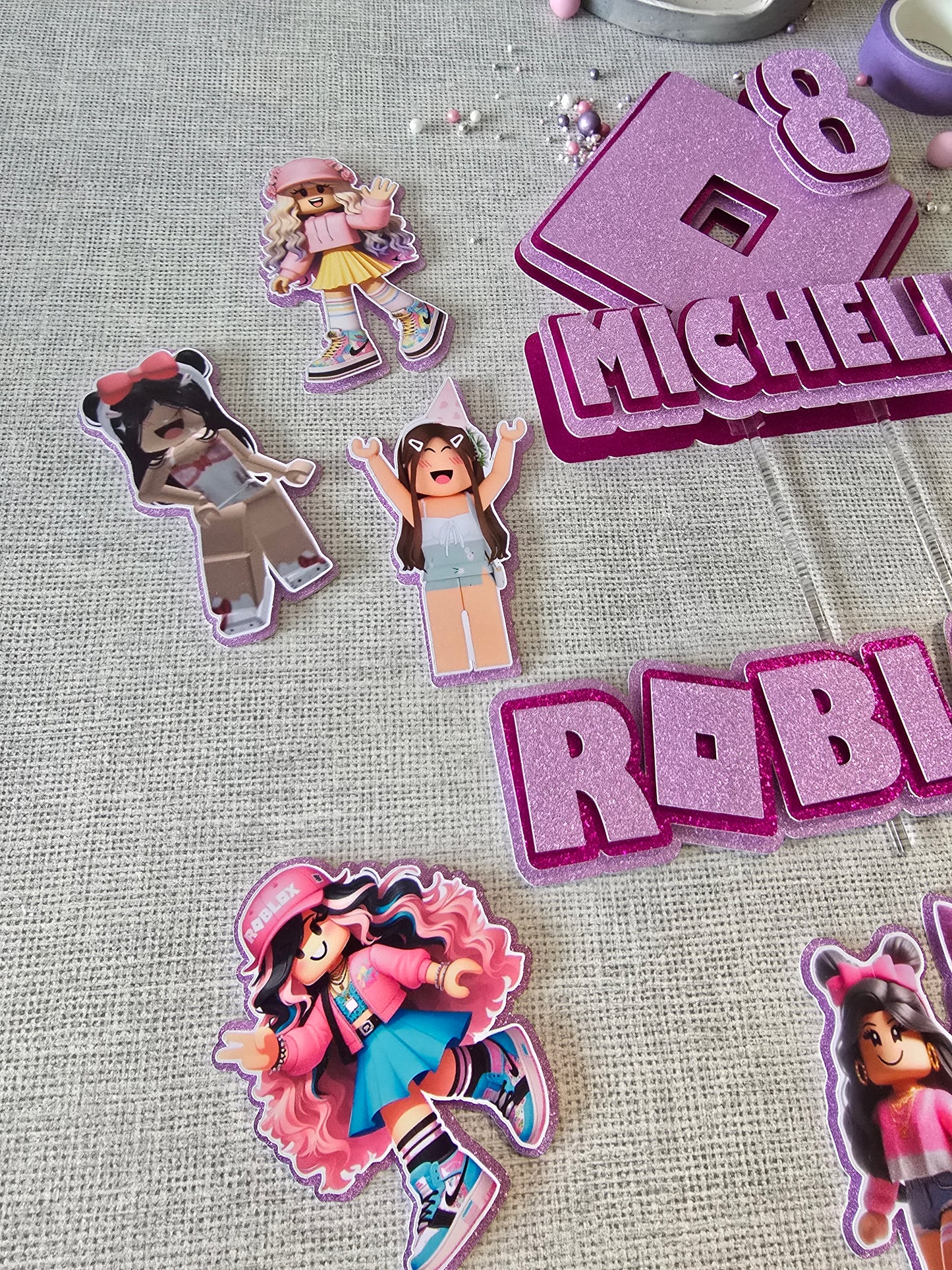 Personalised Gaming Avatar Cake Topper Set – Custom Name & Age Birthday Decorations – Pink Gamer Theme