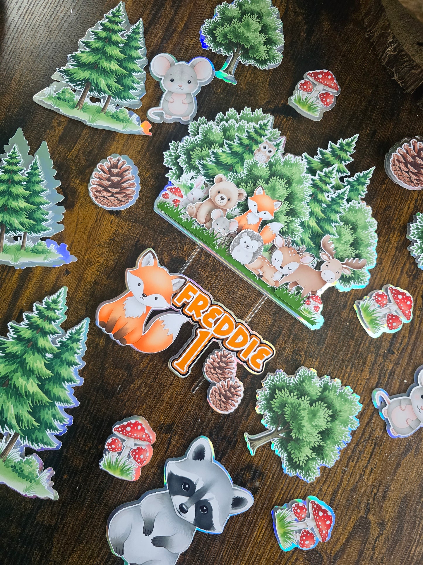 Woodland Animals Cake Topper Set- Personalised Name & Age - Forest Theme Birthday Cake Decorations