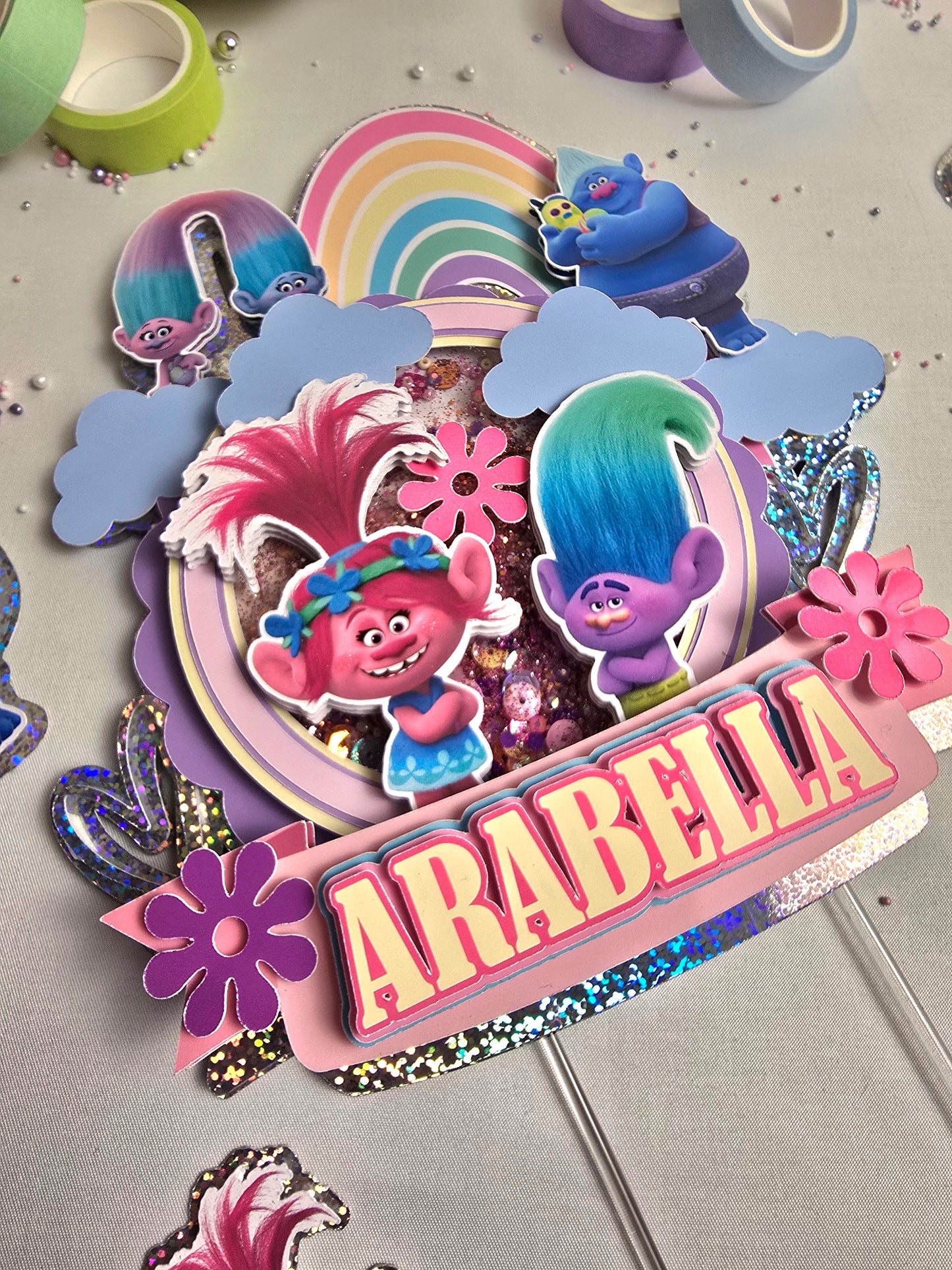 Rainbow Troll Inspired Cake Topper – Personalised Kids Birthday Cake Topper – Colourful Rainbow Birthday Cake Decoration