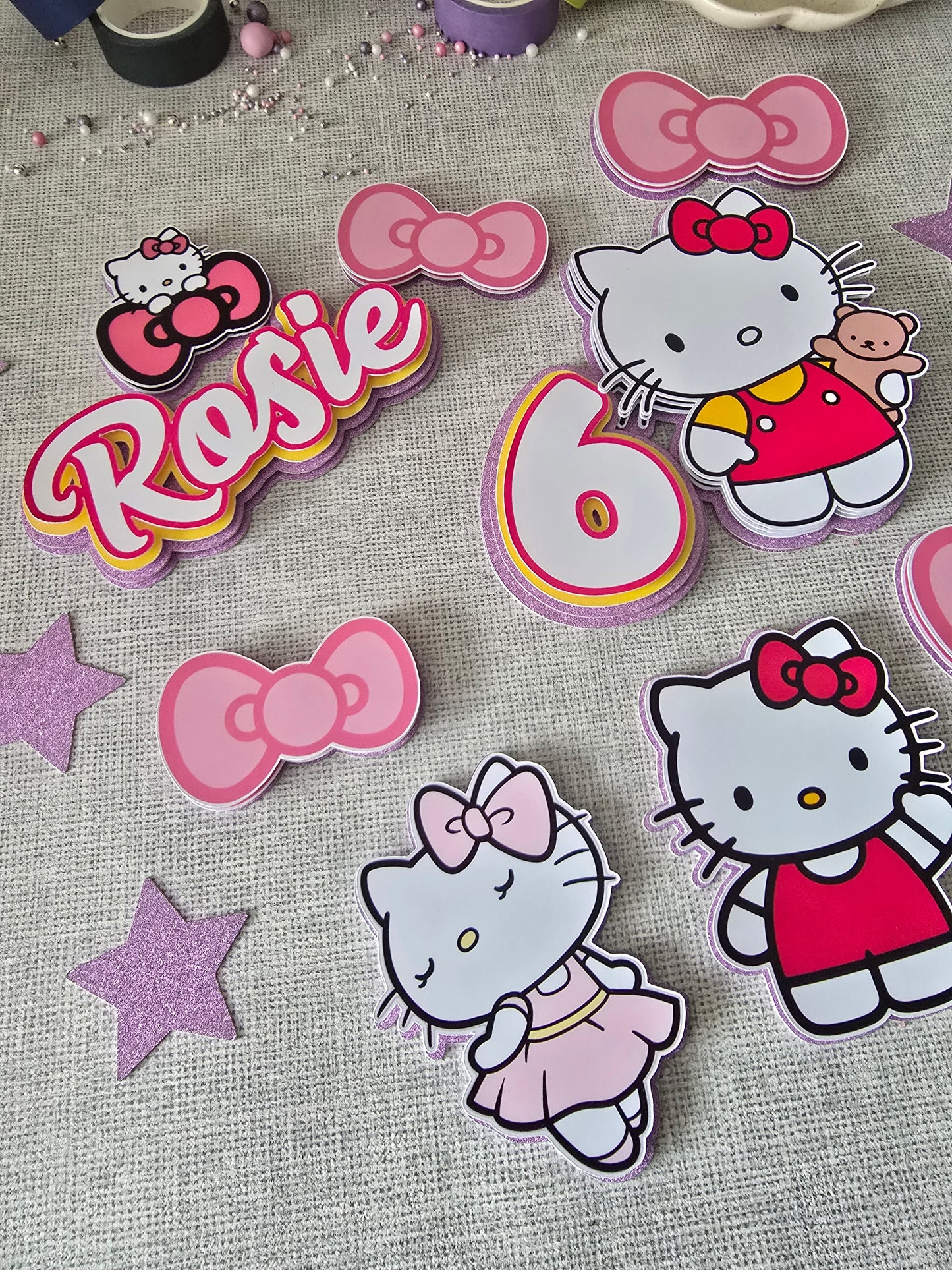 Personalised Cute Kitty Cake Topper Set – Pink Bow Birthday Cake Decorations – Custom Name & Age – Cartoon Kitty Theme