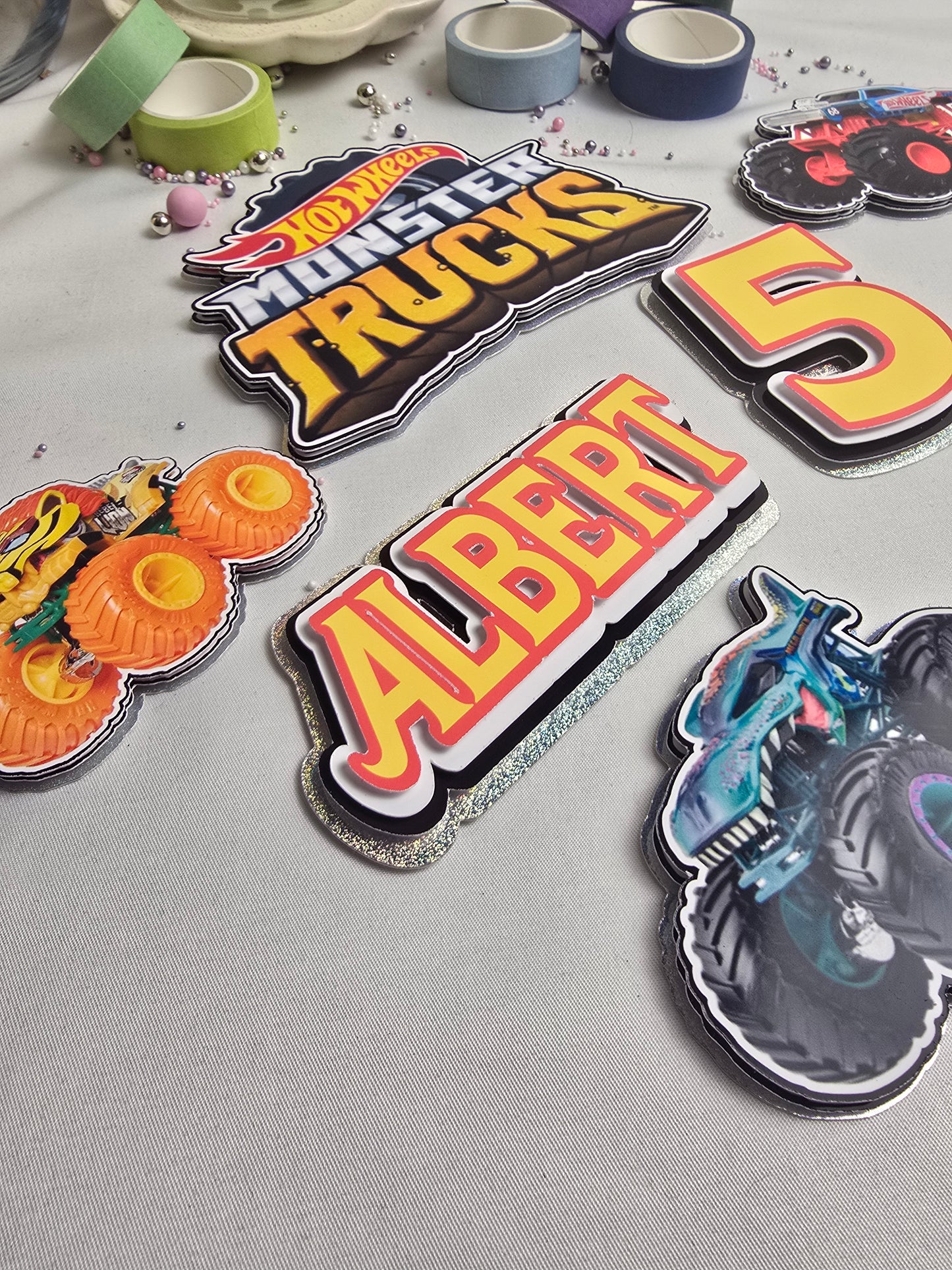 Monster Truck Birthday Cake Topper Set – Personalised Truck Party Cake Decorations – Kids Monster Truck Cake Topper