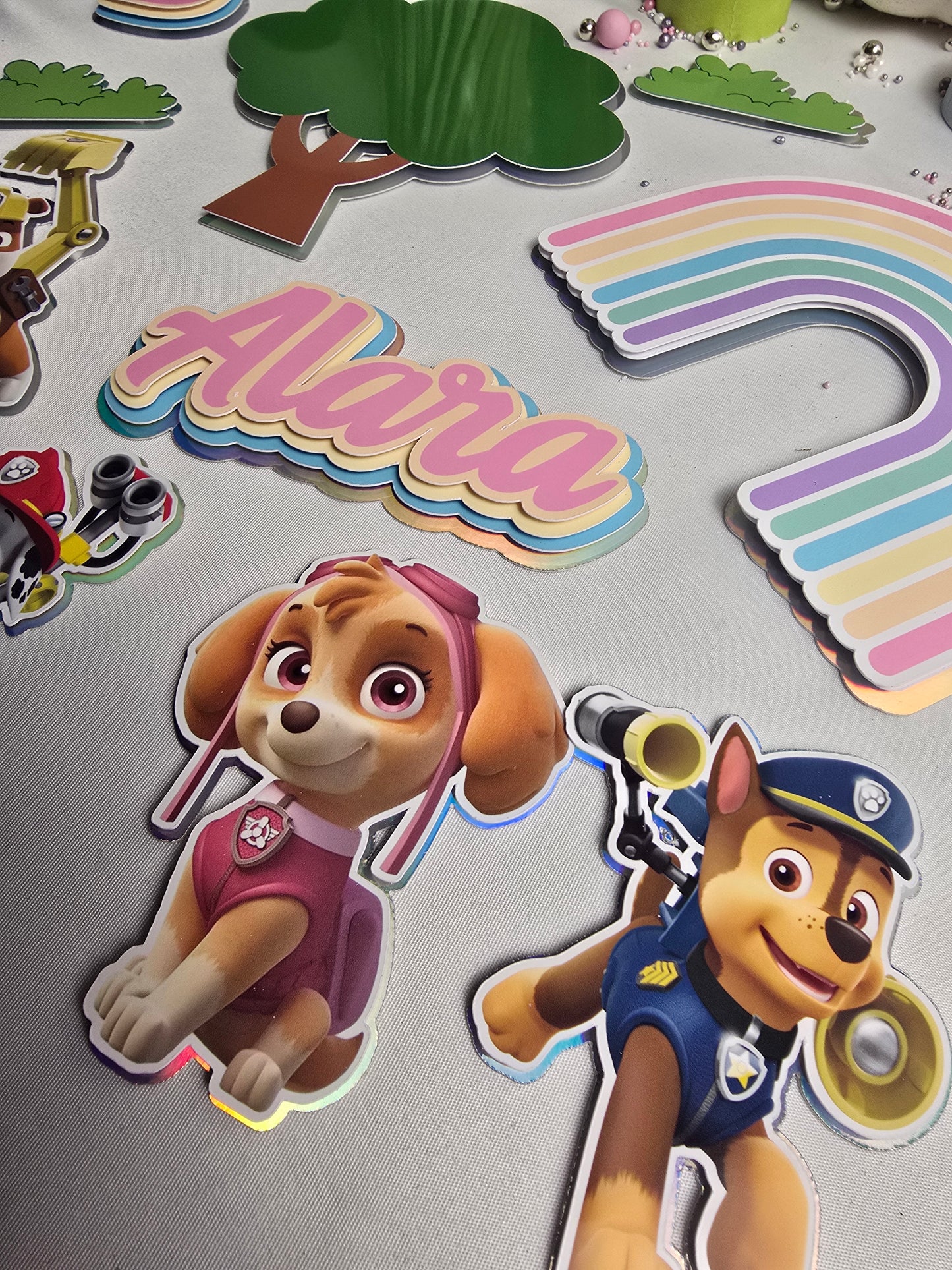 Pastel Rainbow Puppy Cake Topper Set – Personalised Kids Birthday Cake Decorations – Rainbow Theme Party Topper