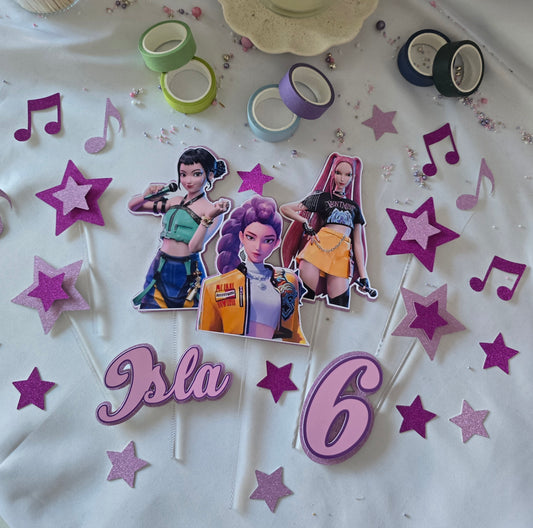 Pop Star Girl Cake Topper Set - Personalised Name & Age - Music Birthday Cake Decorations