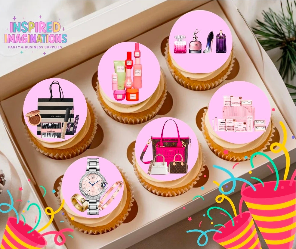 Pink Beauty Edible Cupcake Toppers – 12 Glam Cupcake Decorations – Icing Sheet or Rice Paper Edible Cake Toppers