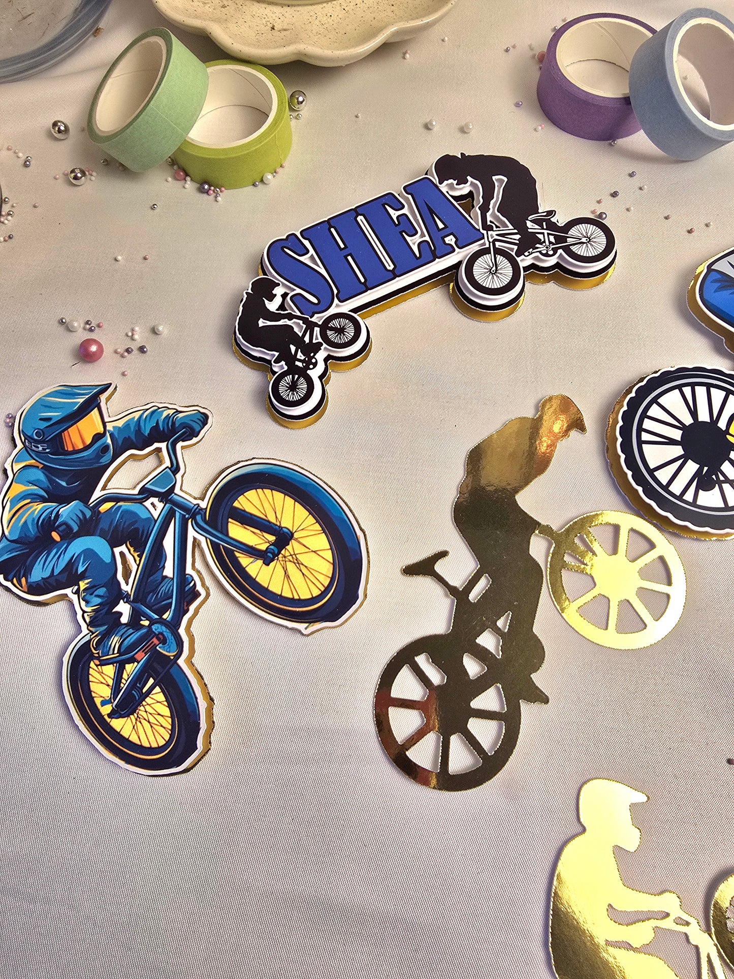 Personalised BMX Bike Cake Topper Set – Cycling Birthday Cake Decorations – BMX Rider Cake Topper
