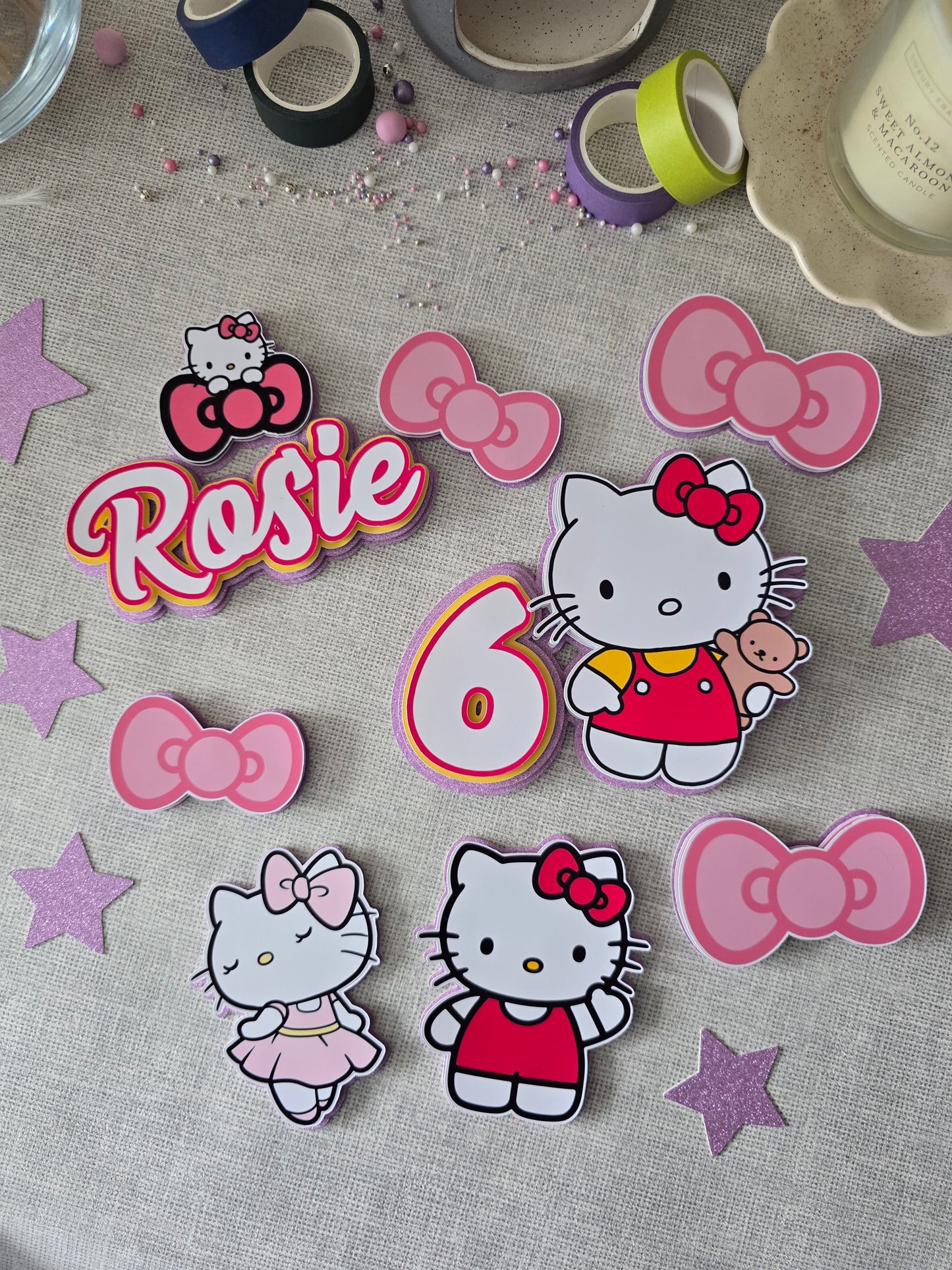Personalised Cute Kitty Cake Topper Set – Pink Bow Birthday Cake Decorations – Custom Name & Age – Cartoon Kitty Theme