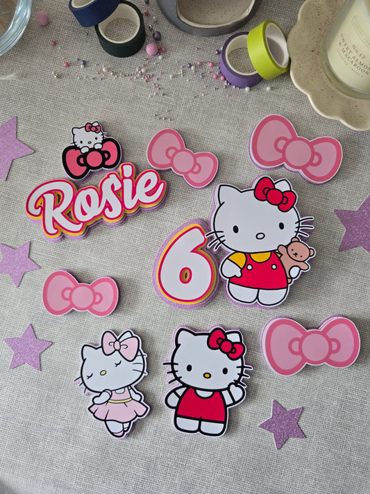 Personalised Cute Kitty Cake Topper Set – Pink Bow Birthday Cake Decorations – Custom Name & Age – Cartoon Kitty Theme