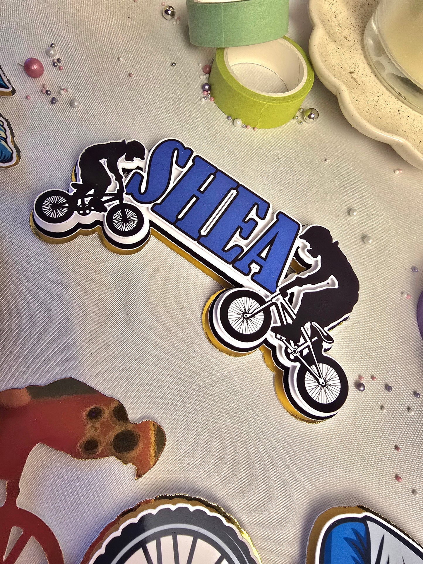 Personalised BMX Bike Cake Topper Set – Cycling Birthday Cake Decorations – BMX Rider Cake Topper