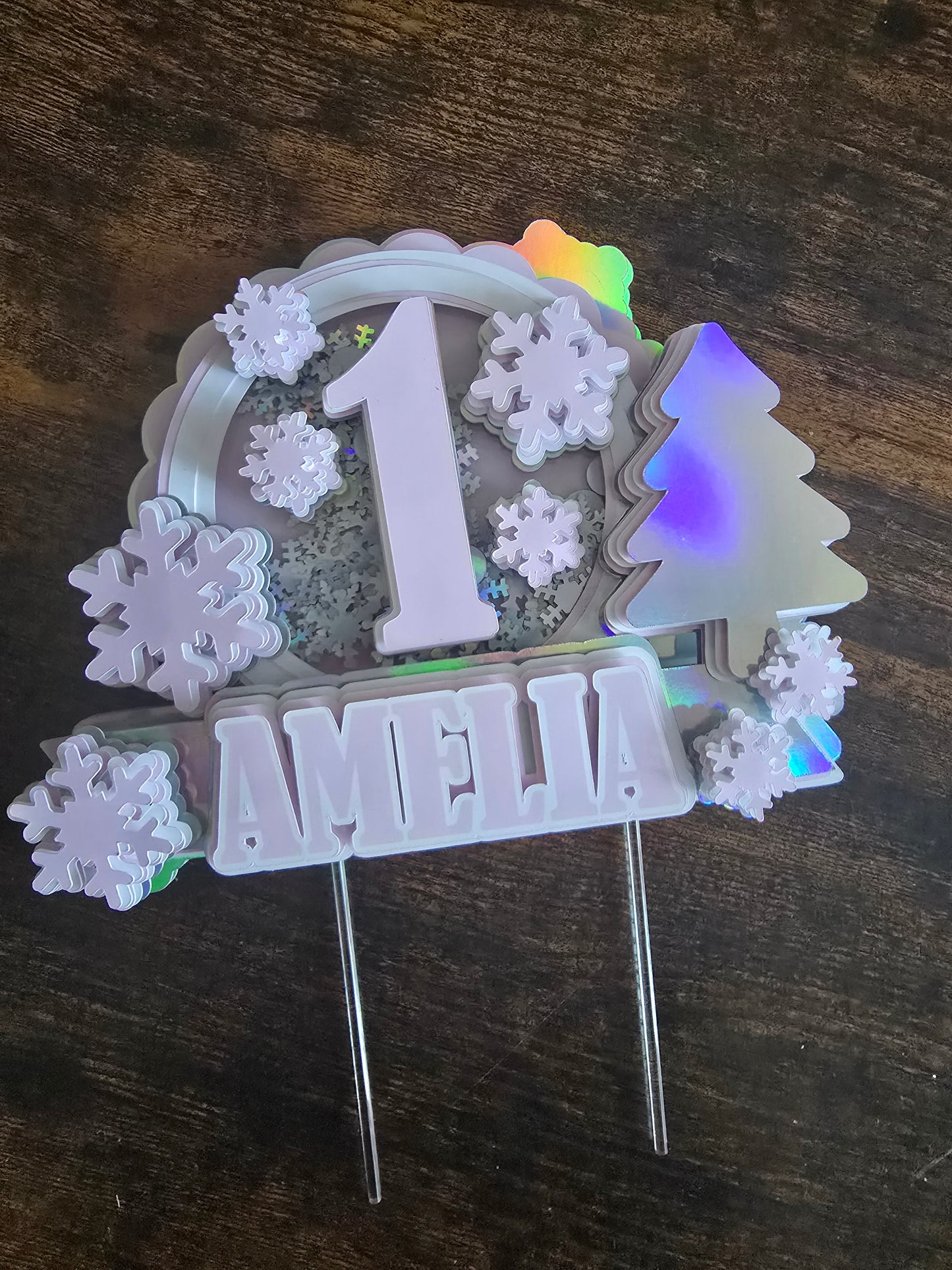Winter ONE Birthday Cake Topper - Personalised Name & Age - Snowflake First Birthday Decorations