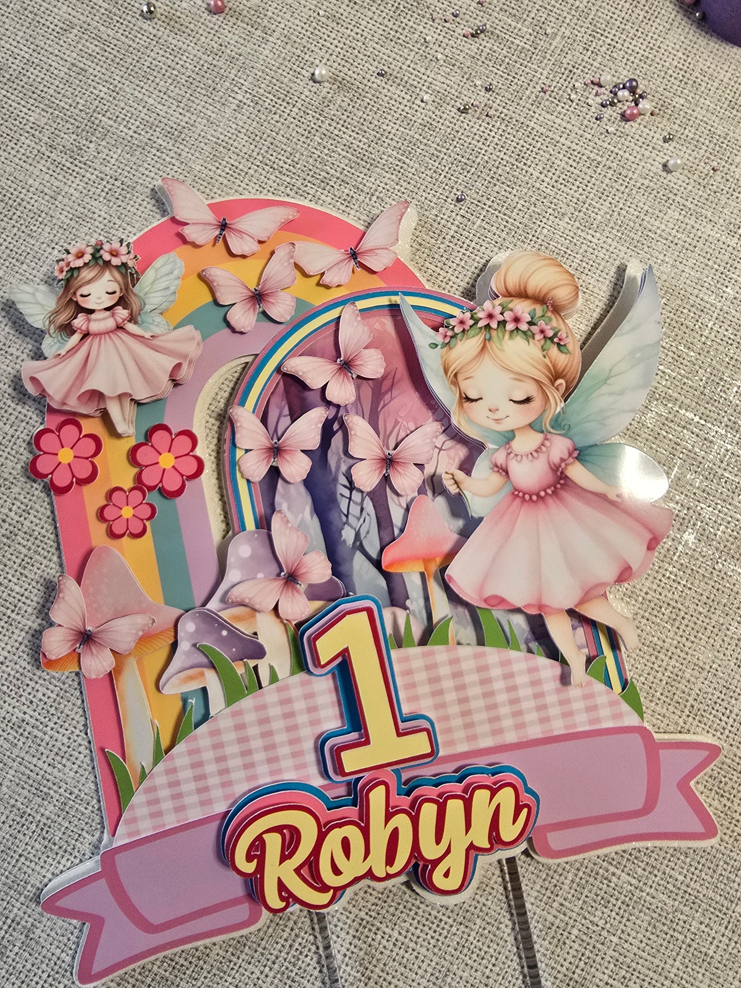 Personalised Fairy Rainbow Cake Topper – Custom Name & Age Birthday Decoration – Pastel Fairy Theme Cake Topper