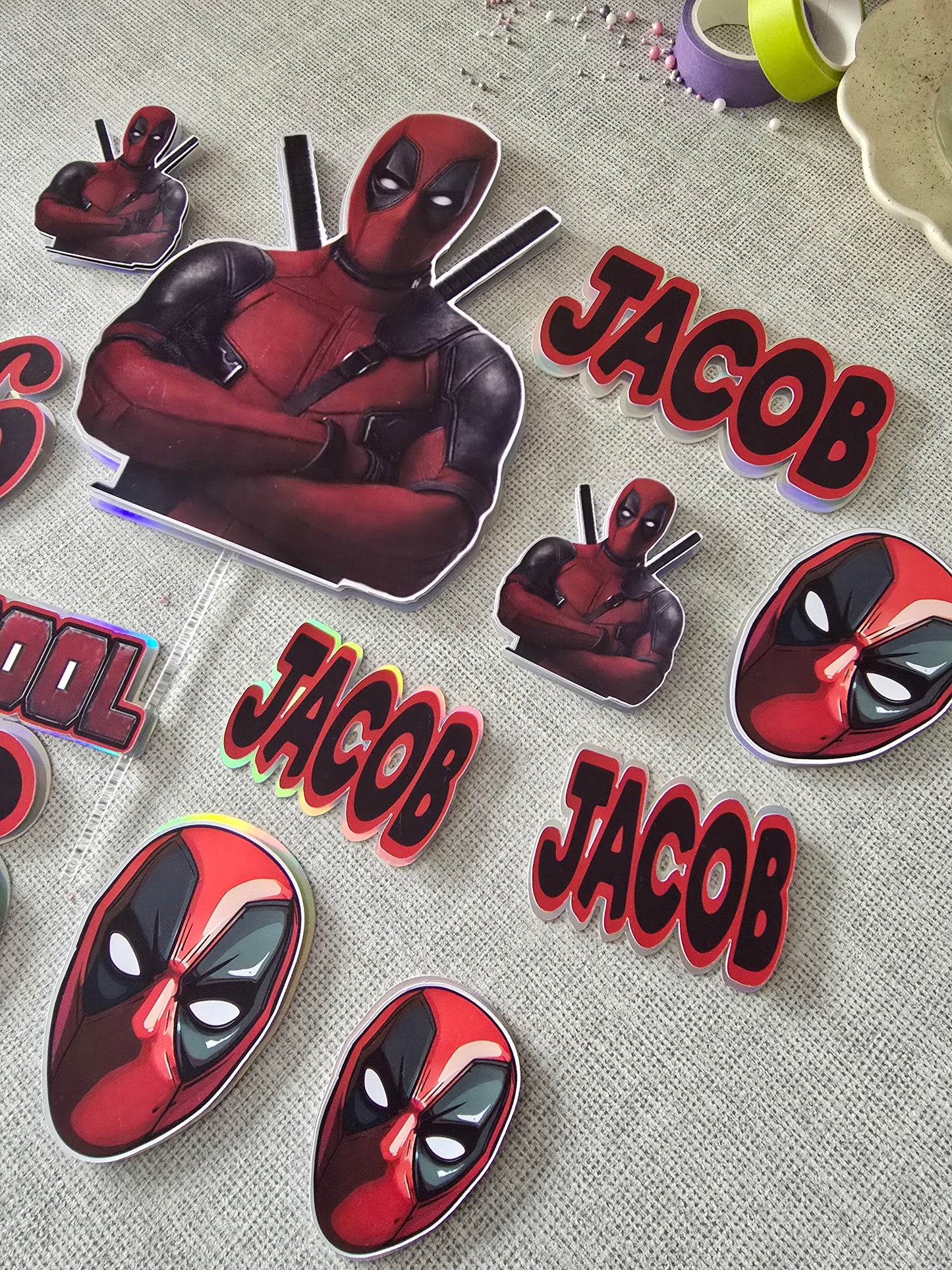 Personalised Red Superhero Cake Topper Set – Custom Name & Age Birthday Cake Decorations – Comic Hero Theme