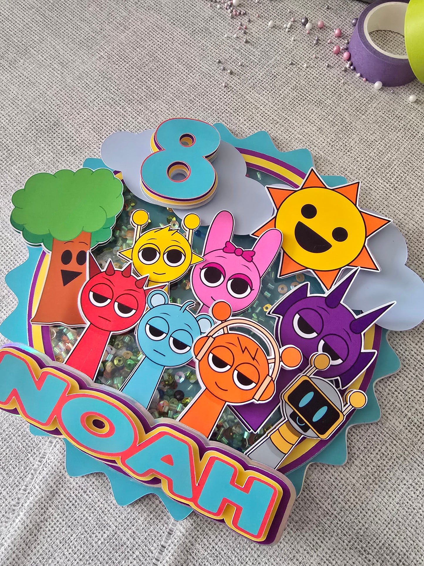 Personalised Colourful Cartoon Cake Topper – Custom Name & Age Birthday Cake Decoration – Rainbow Character Theme