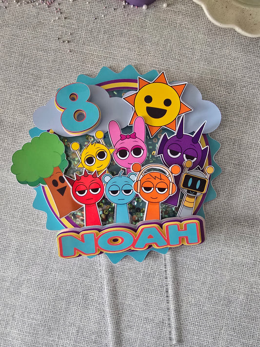 Personalised Colourful Cartoon Cake Topper – Custom Name & Age Birthday Cake Decoration – Rainbow Character Theme