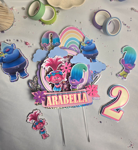 Rainbow Troll Inspired Cake Topper – Personalised Kids Birthday Cake Topper – Colourful Rainbow Birthday Cake Decoration