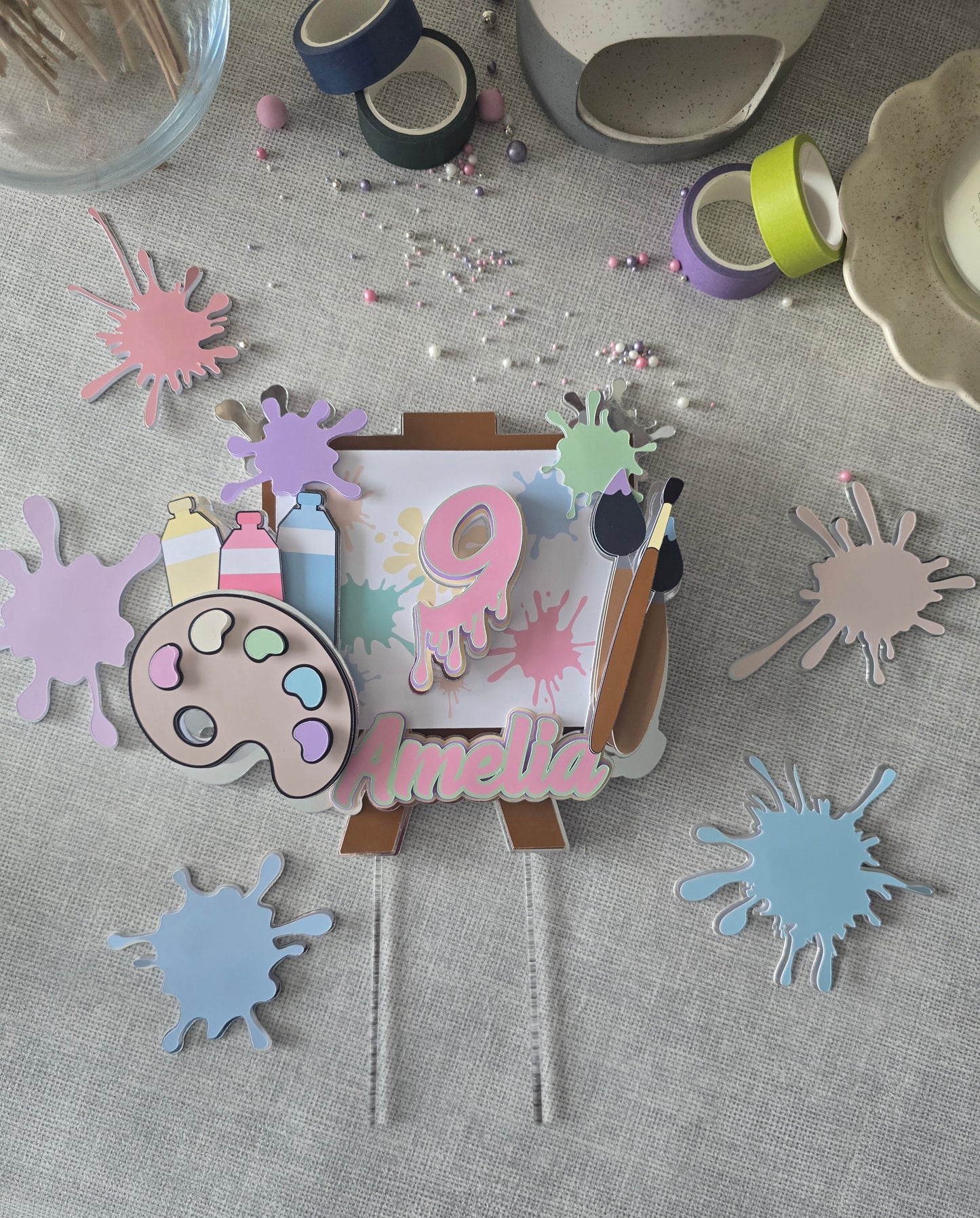 Personalised Art Theme Cake Topper – Custom Name & Age Birthday Decoration – Paint Party Cake Topper