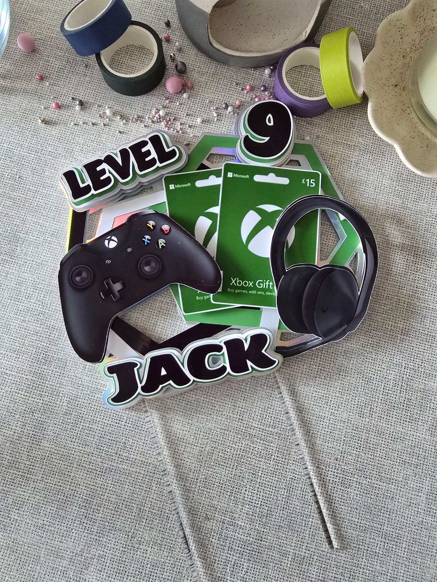 Personalised Gaming Cake Topper – Green Gamer Birthday Cake Decoration – Custom Name & Age – Gaming Party Theme