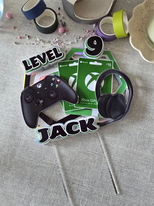 Personalised Gaming Cake Topper – Green Gamer Birthday Cake Decoration – Custom Name & Age – Gaming Party Theme