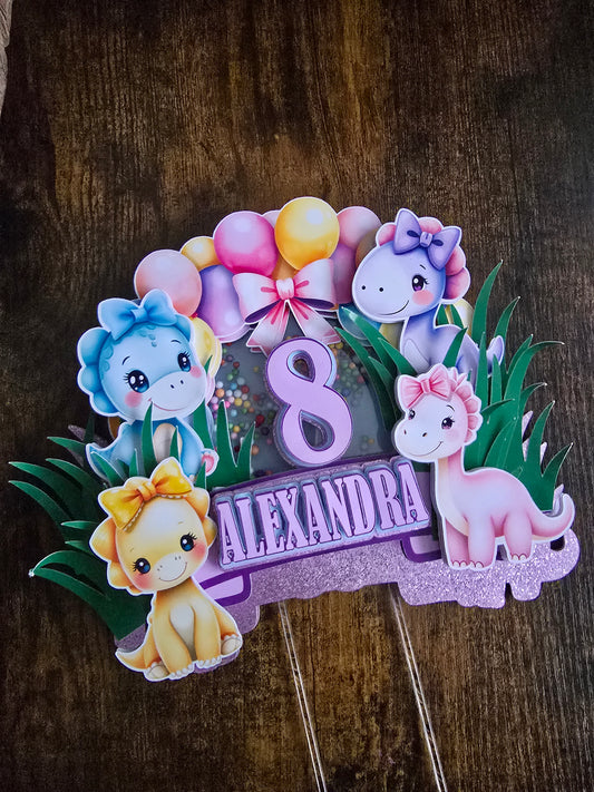 Pastel Dinosaur Birthday Cake Topper - Personalised Name & Age - Cute Dino Party Decorations