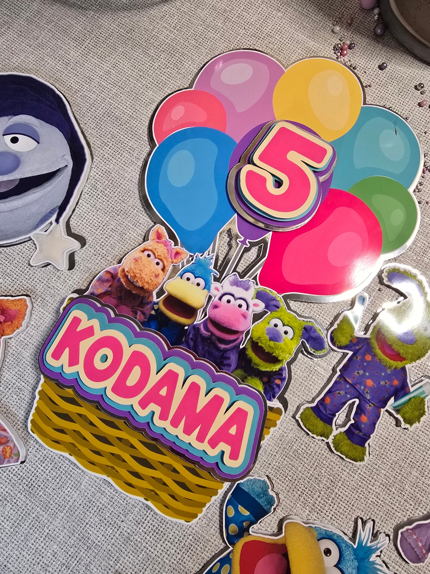 Personalised Colourful Puppet Cake Topper Set – Custom Name & Age Birthday Decorations – Kids Character Theme