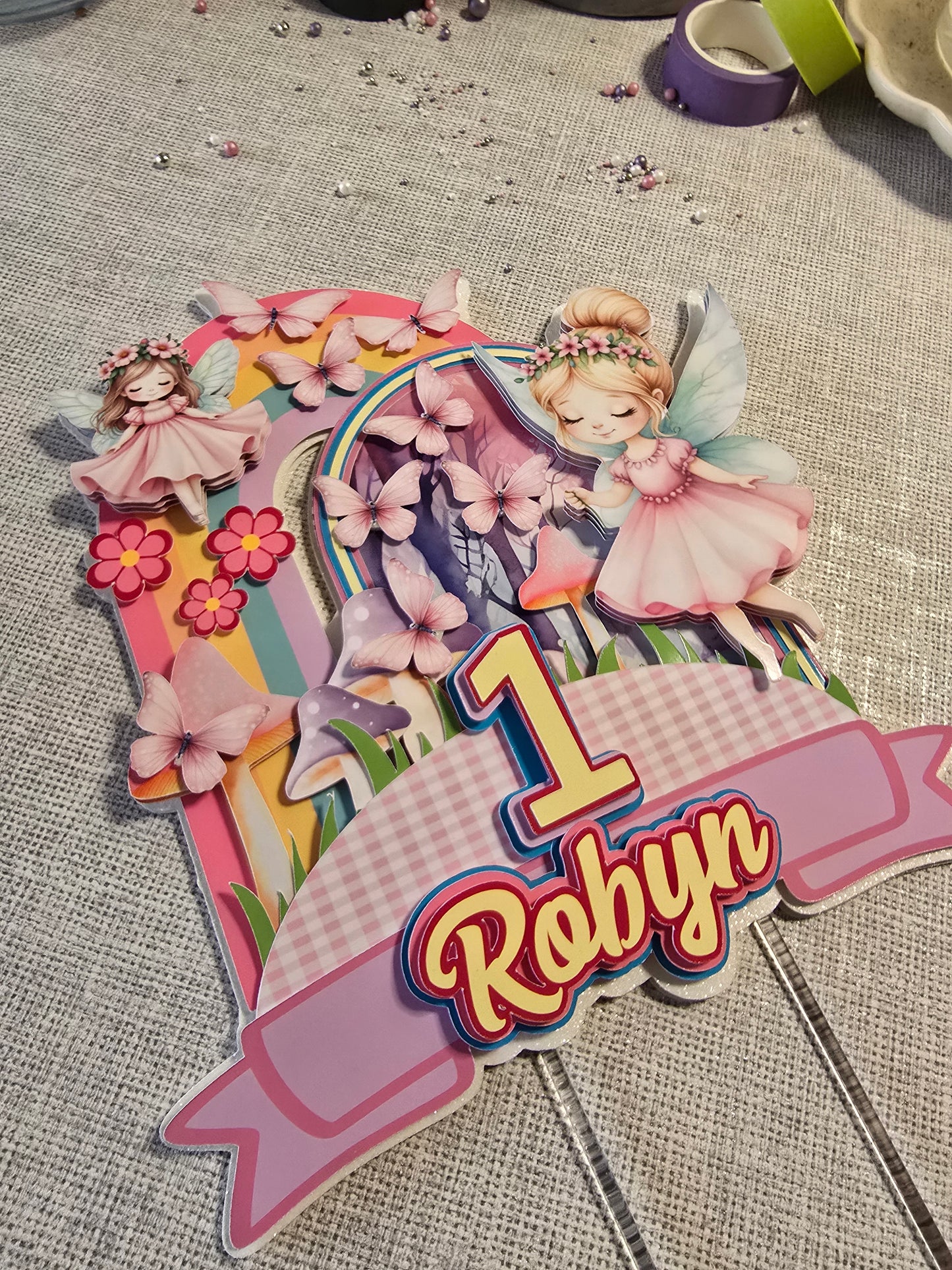 Personalised Fairy Rainbow Cake Topper – Custom Name & Age Birthday Decoration – Pastel Fairy Theme Cake Topper