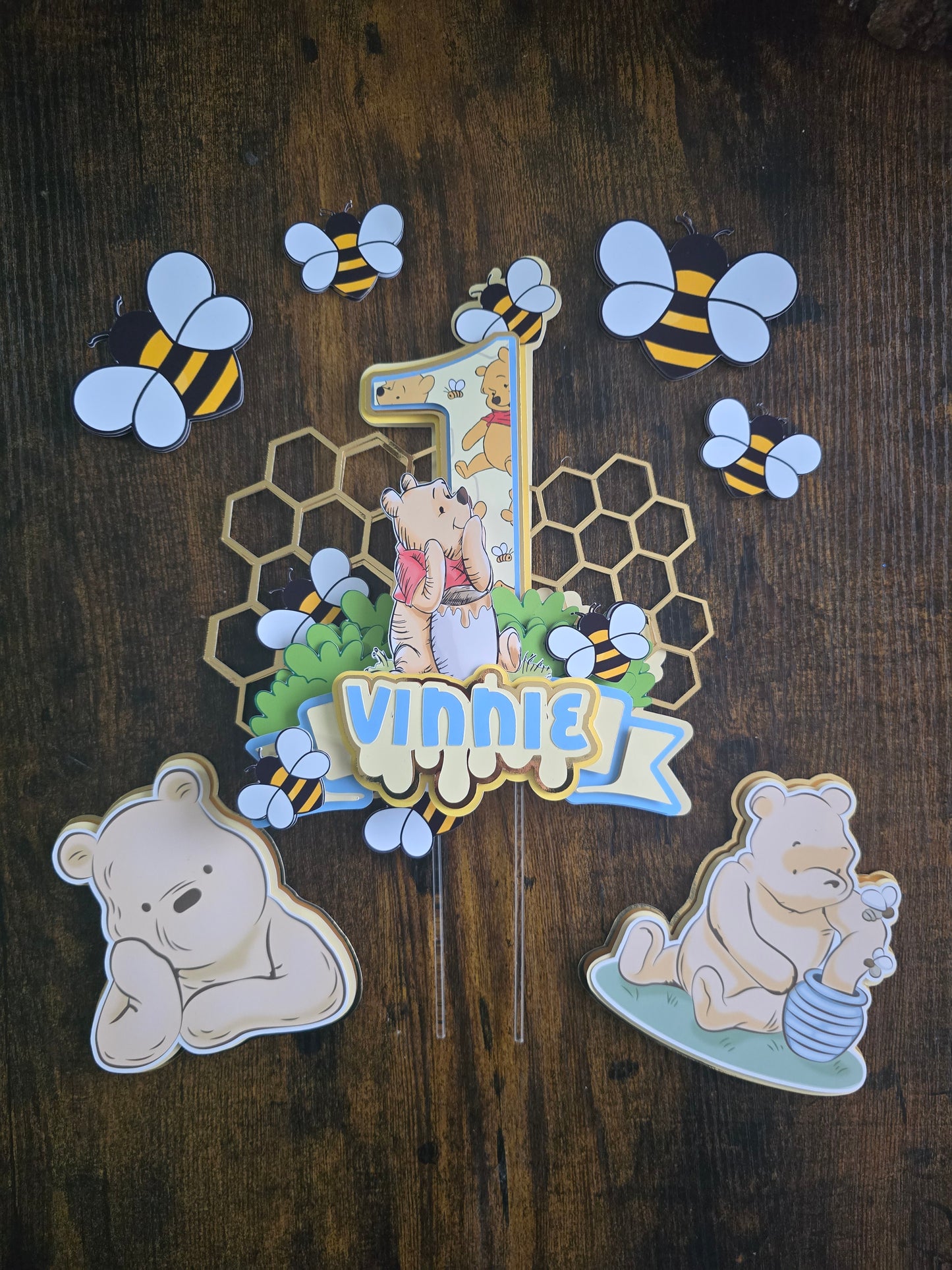 Personalised Honey Bear Cake Topper Set – Custom Name & Age Birthday Decoration – Bee Theme Party