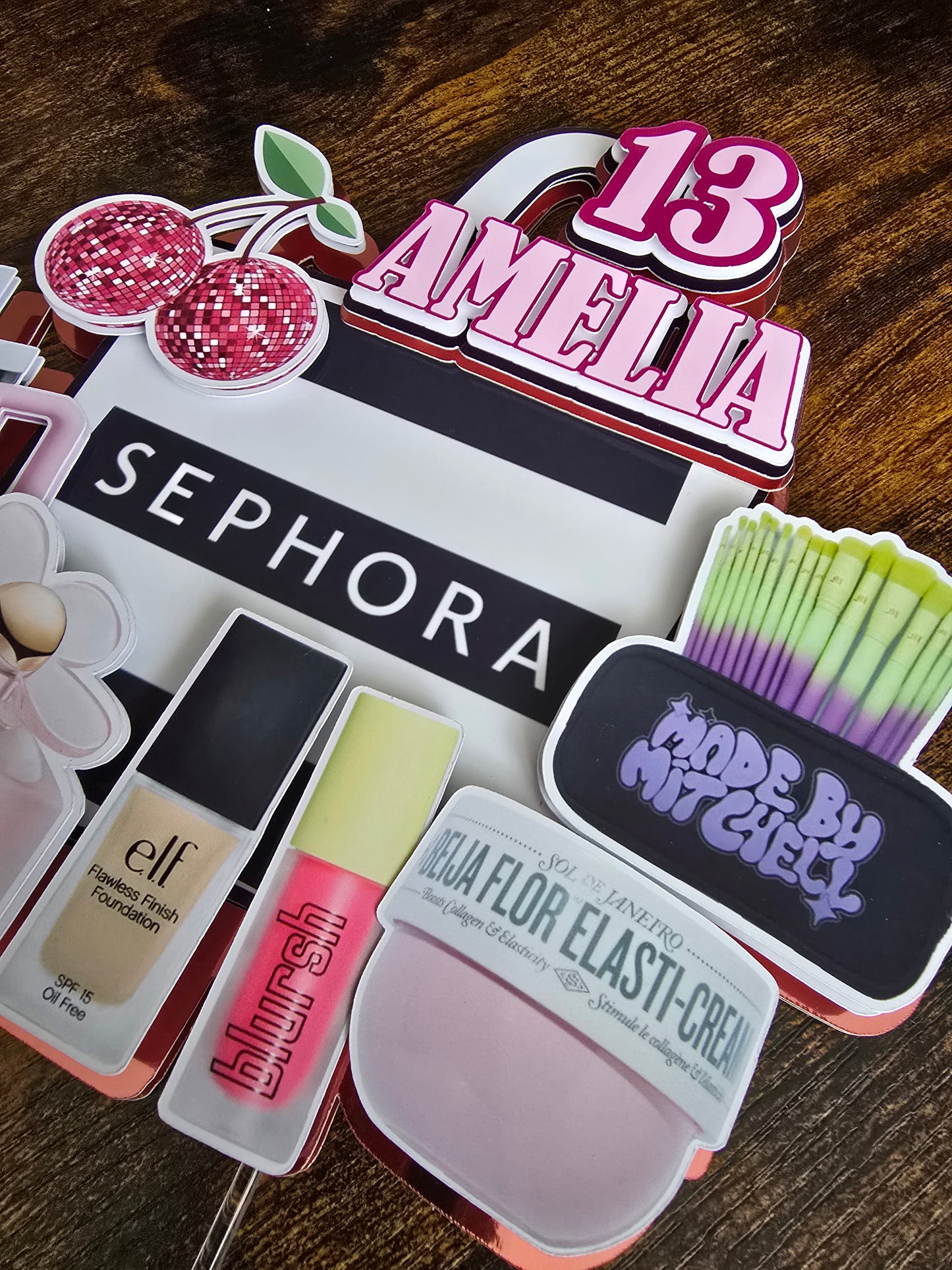 Glam Makeup Birthday Cake Topper - Personalised Name & Age - Beauty Theme Party Decoration