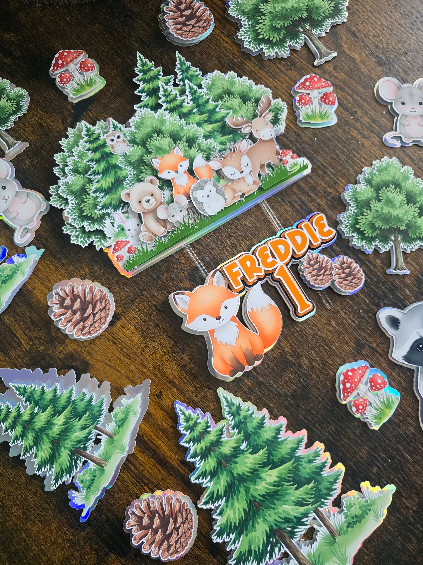 Woodland Animals Cake Topper Set- Personalised Name & Age - Forest Theme Birthday Cake Decorations