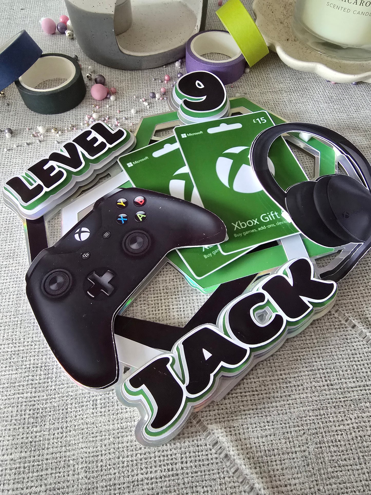 Personalised Gaming Cake Topper – Green Gamer Birthday Cake Decoration – Custom Name & Age – Gaming Party Theme