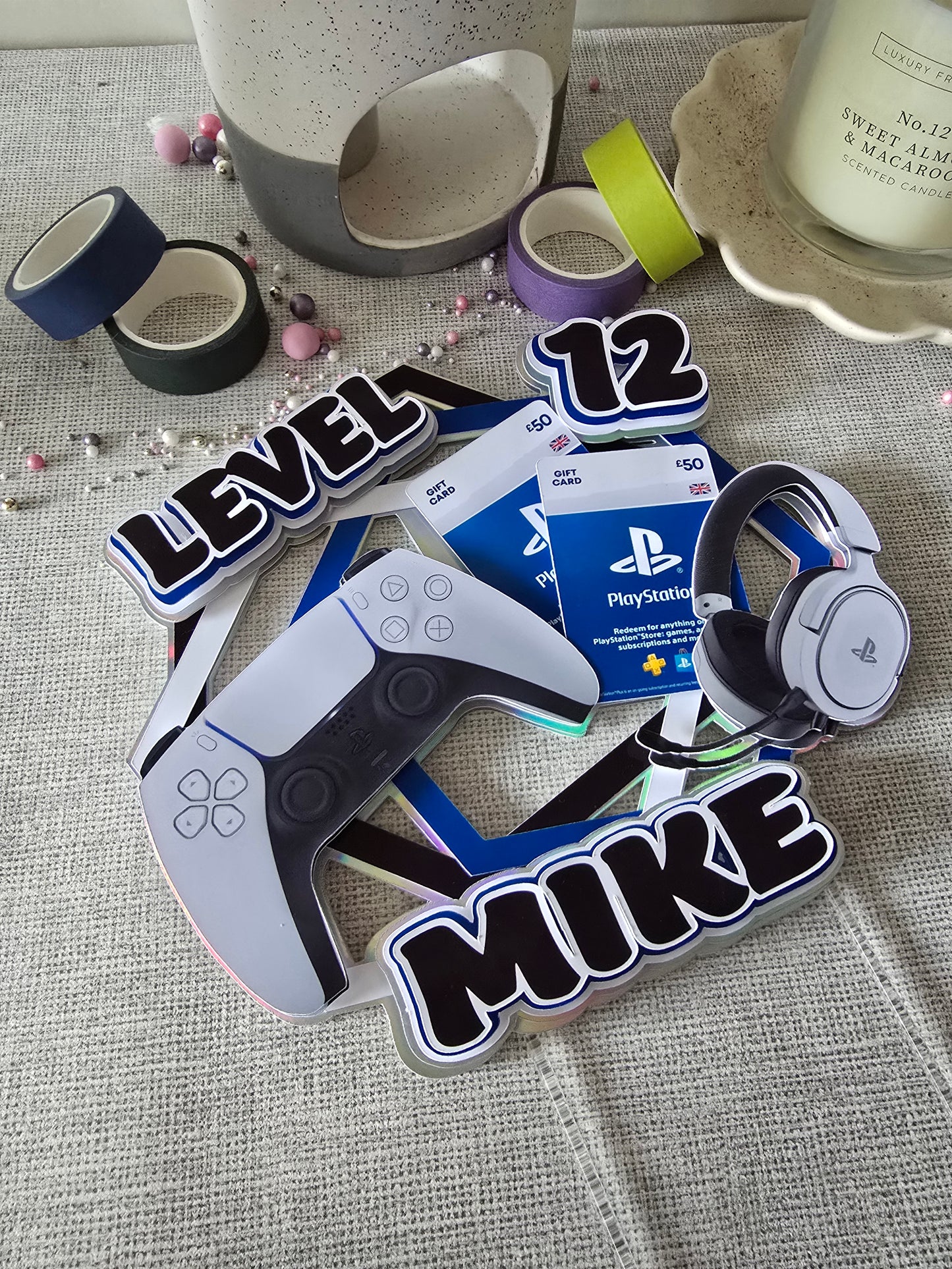 Personalised Gaming Cake Topper – Gamer Birthday Cake Decoration – Custom Name & Age – Console Theme Party Topper