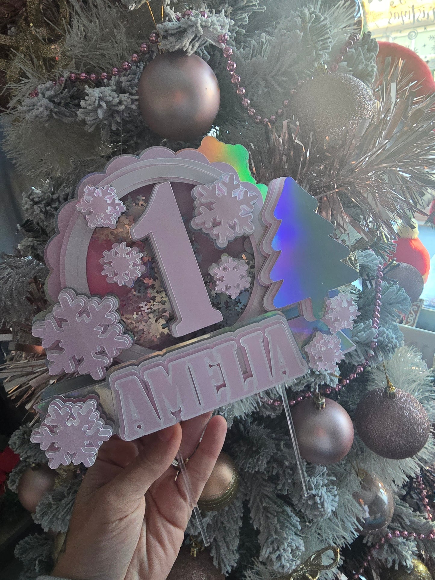 Winter ONE Birthday Cake Topper - Personalised Name & Age - Snowflake First Birthday Decorations