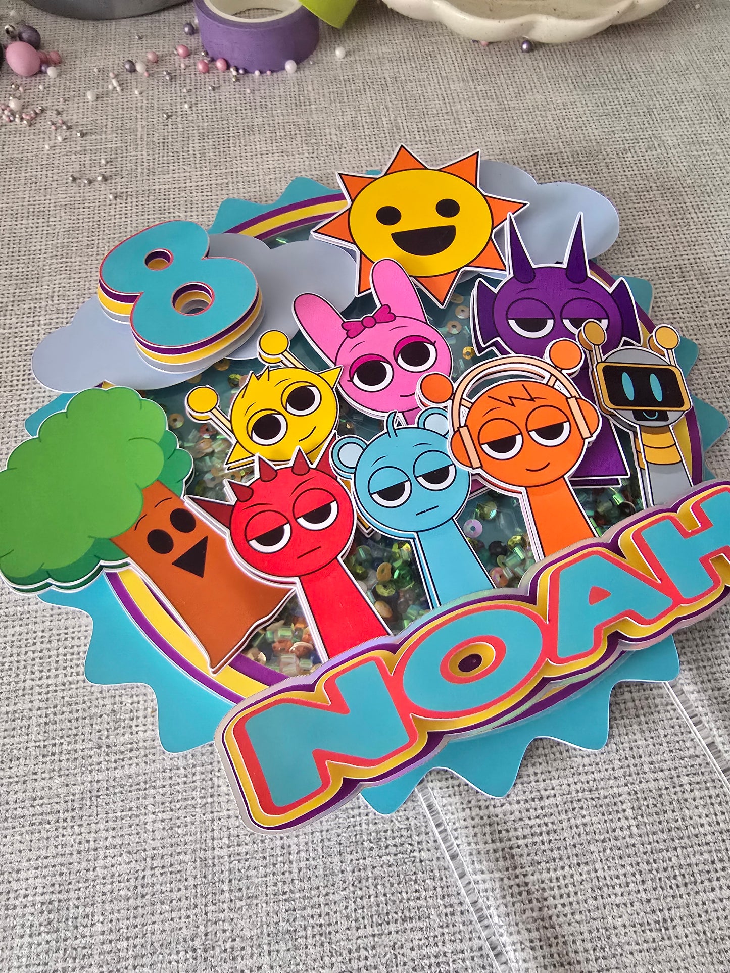 Personalised Colourful Cartoon Cake Topper – Custom Name & Age Birthday Cake Decoration – Rainbow Character Theme