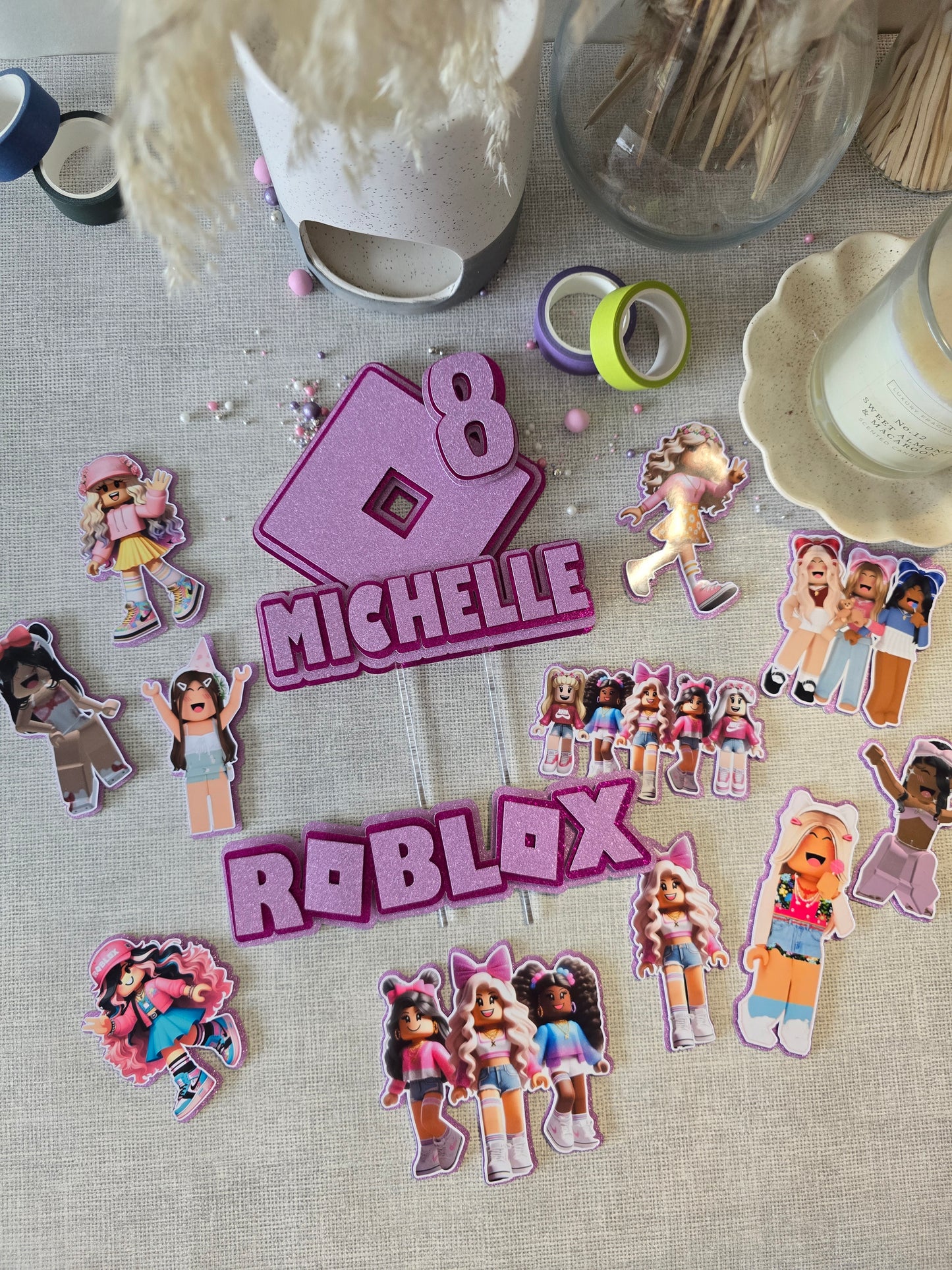 Personalised Gaming Avatar Cake Topper Set – Custom Name & Age Birthday Decorations – Pink Gamer Theme
