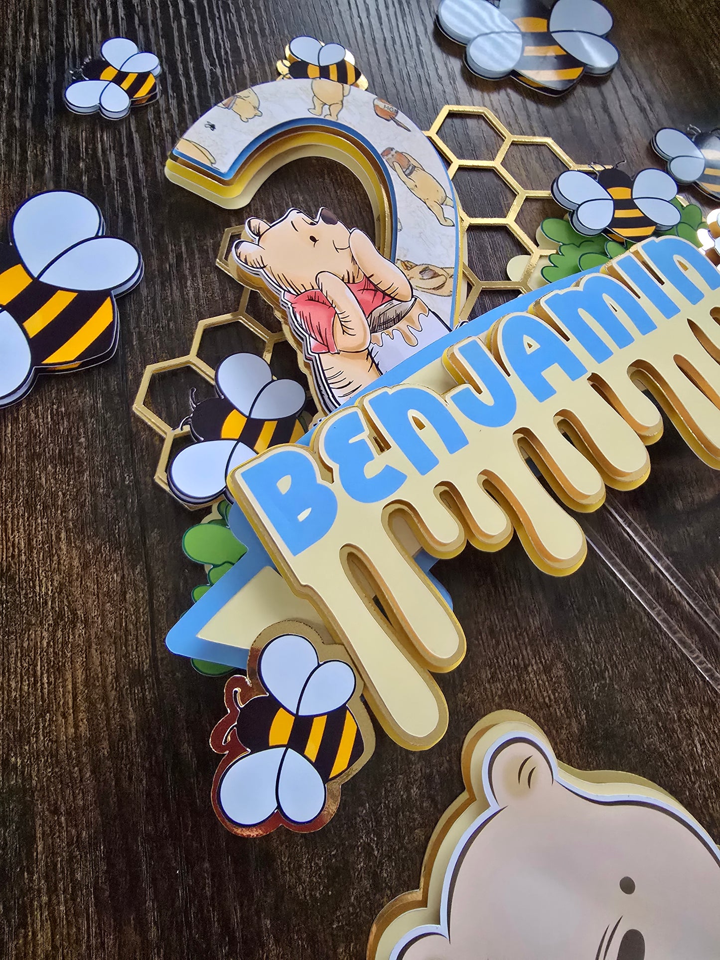 Personalised Honey Bear Cake Topper Set – Custom Name & Age Birthday Decoration – Bee Theme Party