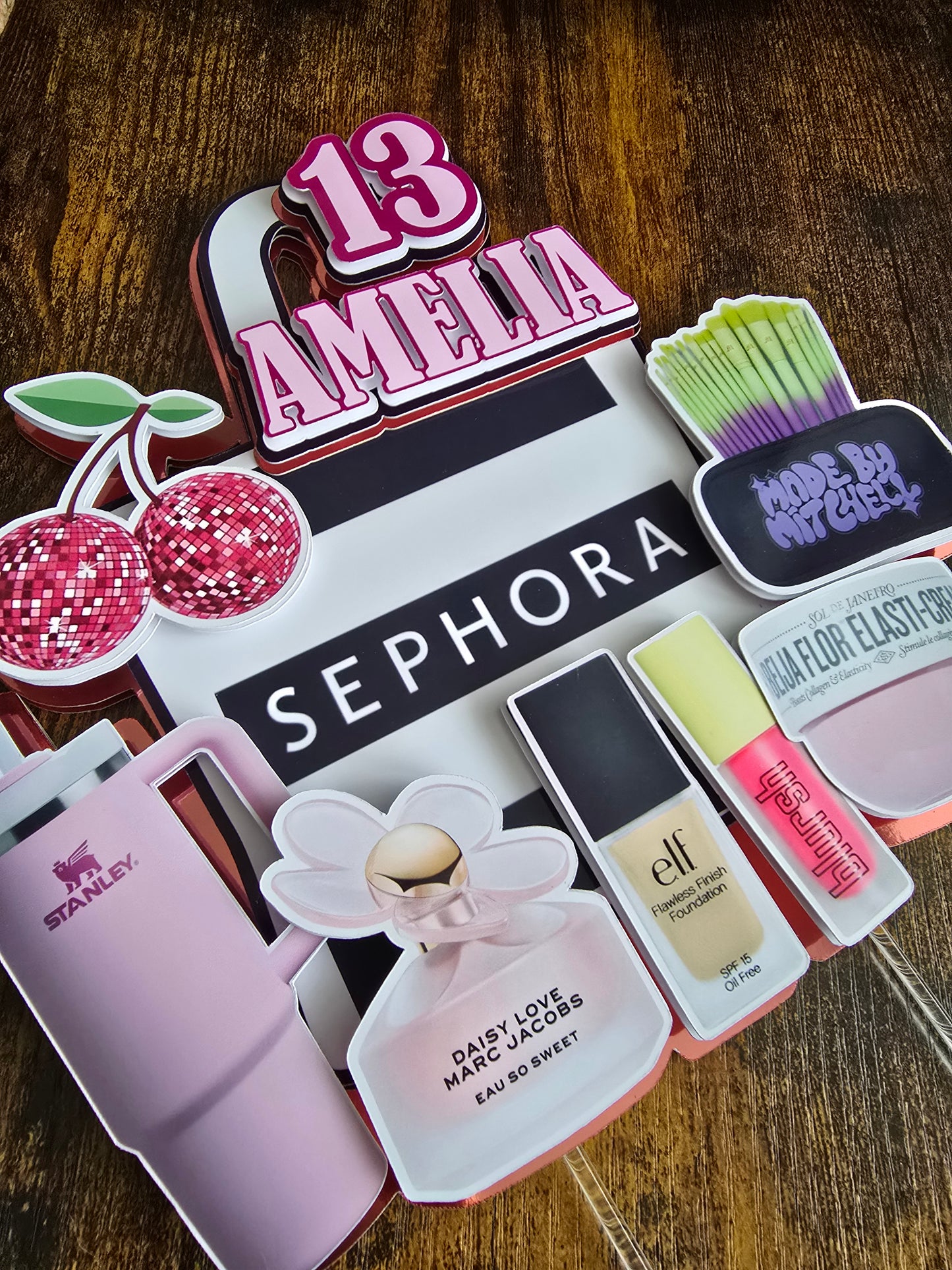 Glam Makeup Birthday Cake Topper - Personalised Name & Age - Beauty Theme Party Decoration