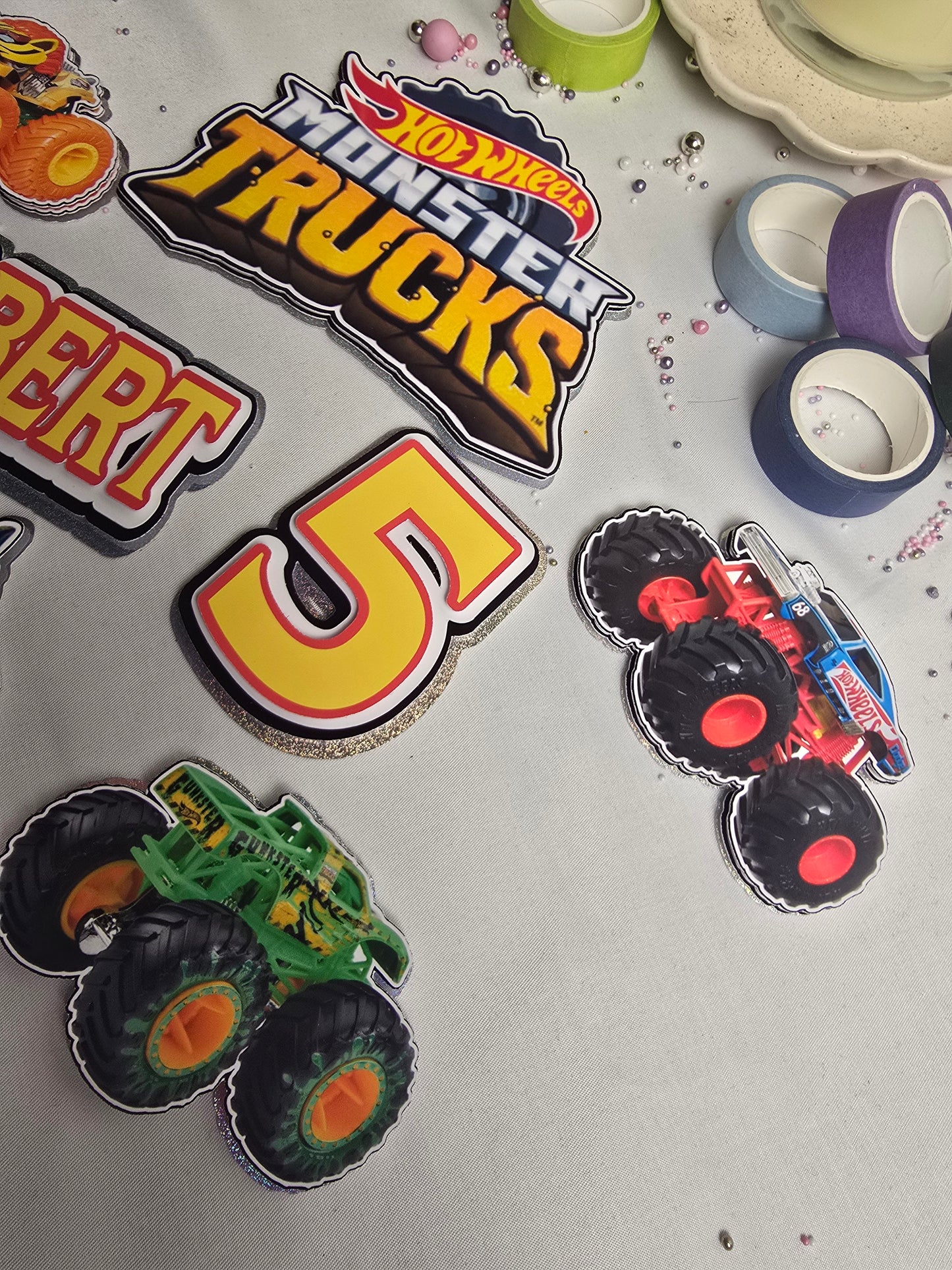 Monster Truck Birthday Cake Topper Set – Personalised Truck Party Cake Decorations – Kids Monster Truck Cake Topper