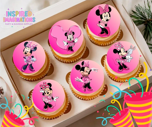 Pink Cartoon Mouse Edible Cupcake Toppers – 12 Pink Party Cupcake Decorations – Icing Sheet or Rice Paper Edible Cake Toppers