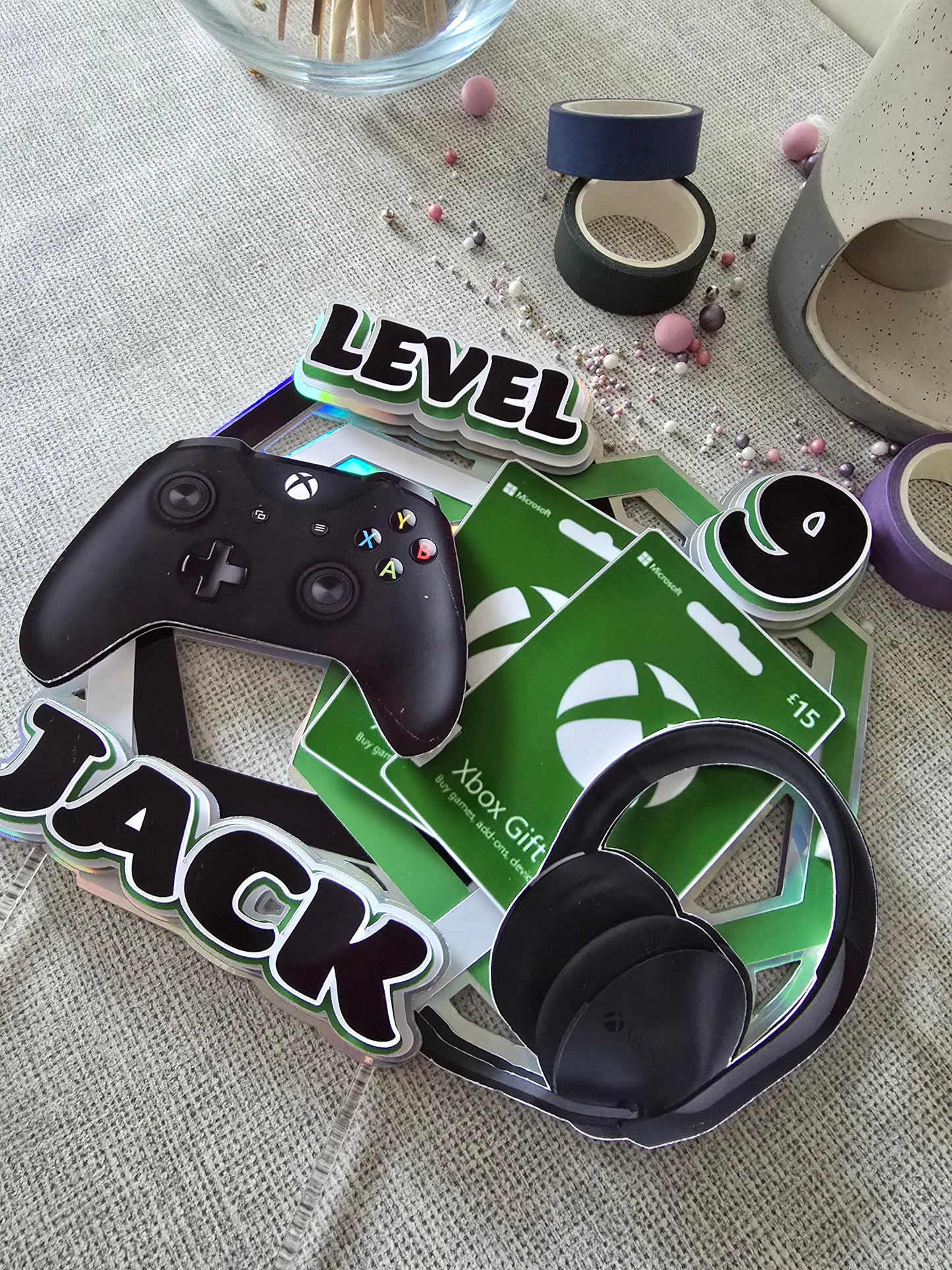 Personalised Gaming Cake Topper – Green Gamer Birthday Cake Decoration – Custom Name & Age – Gaming Party Theme
