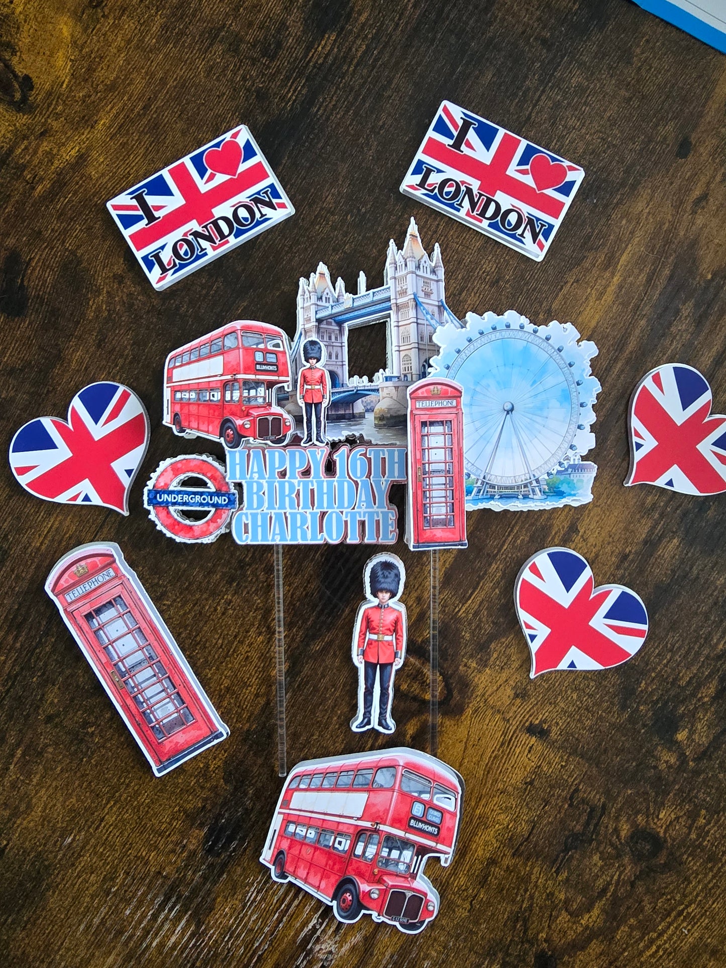 Personalised London Birthday Cake Topper Set – Custom Name & Age UK Theme Decorations – London Party Cake Decor