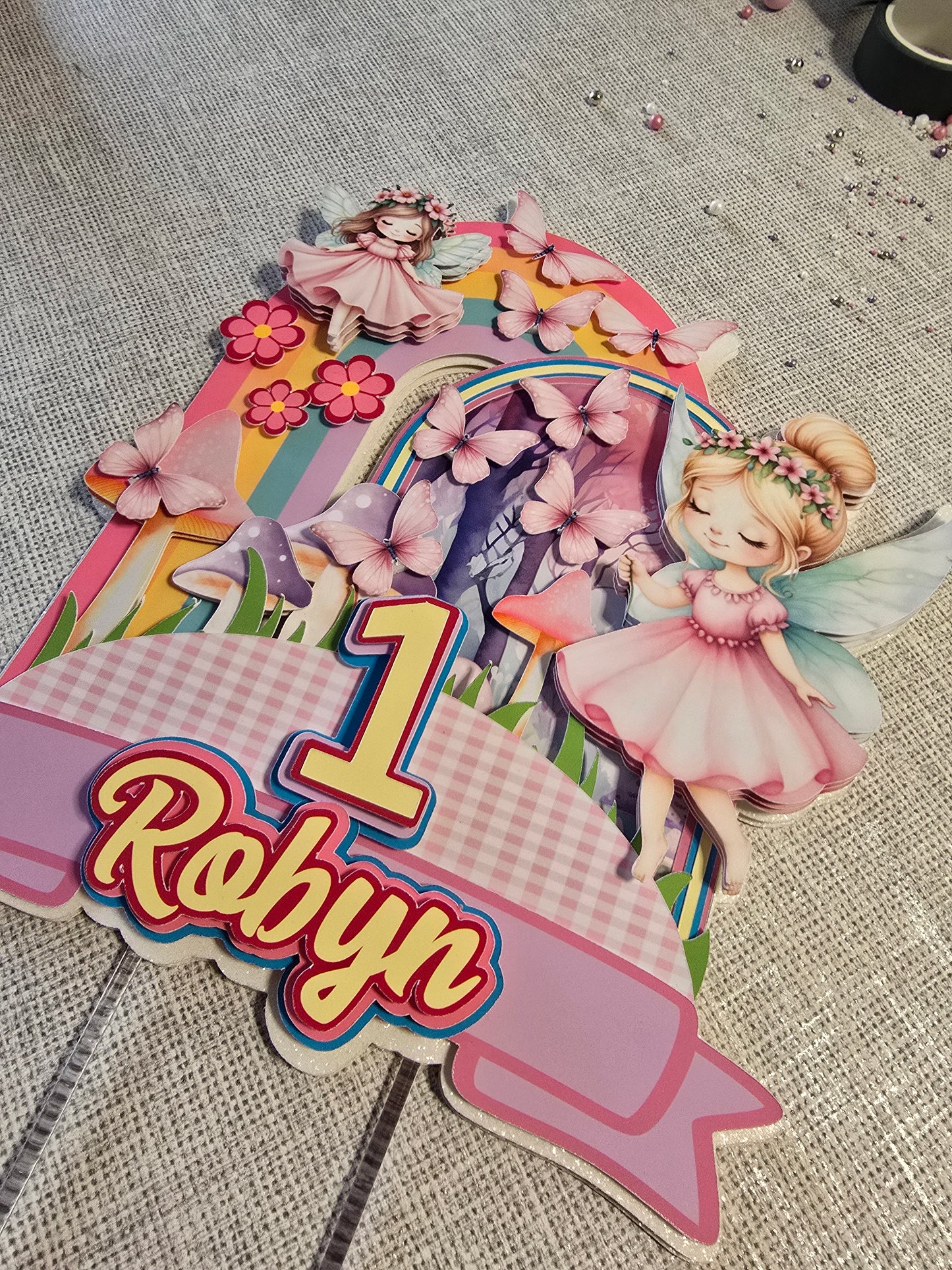 Personalised Fairy Rainbow Cake Topper – Custom Name & Age Birthday Decoration – Pastel Fairy Theme Cake Topper
