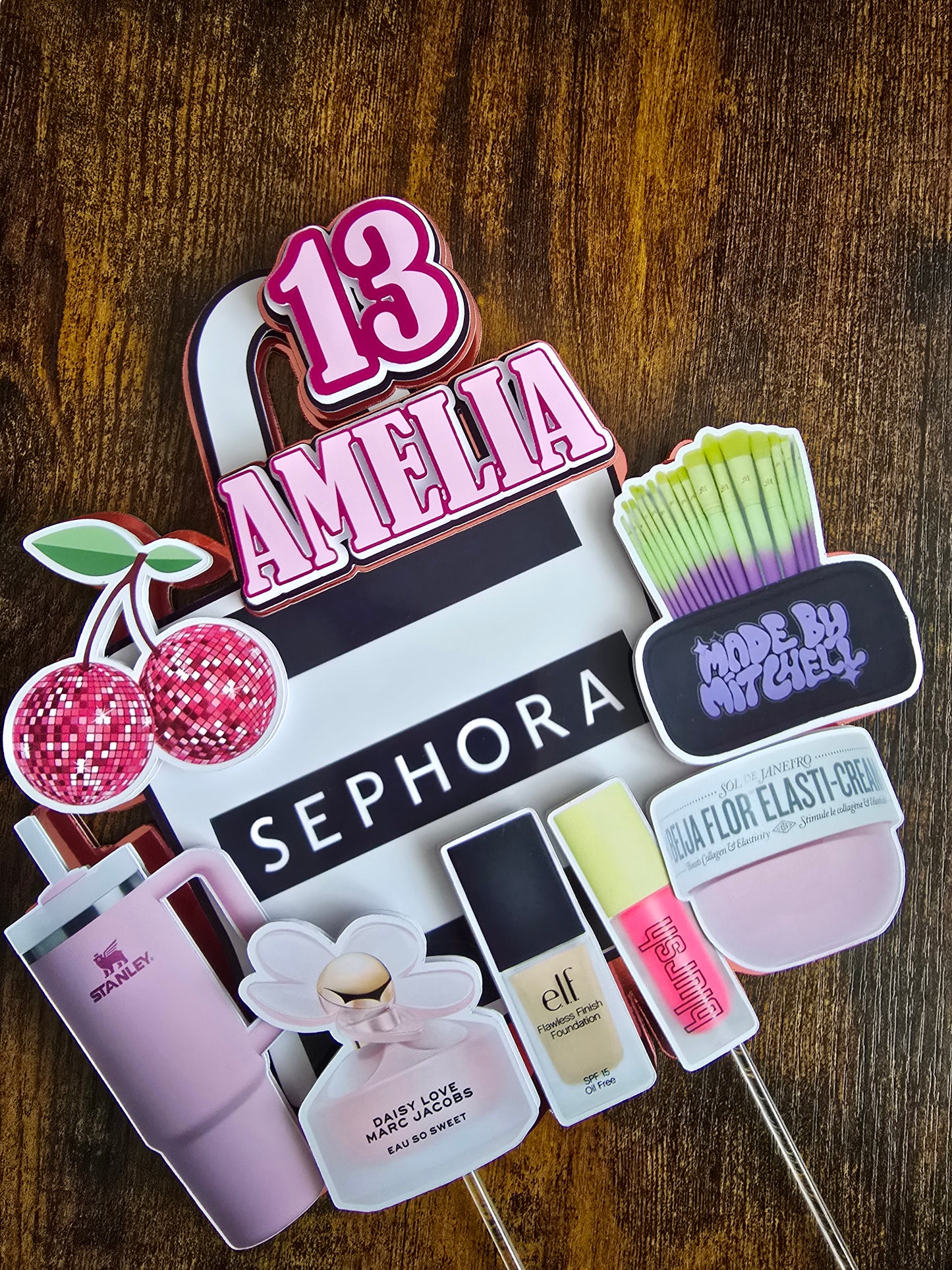 Glam Makeup Birthday Cake Topper - Personalised Name & Age - Beauty Theme Party Decoration