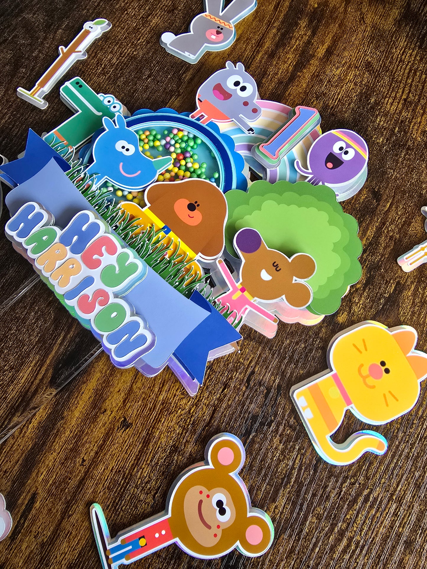 Colourful Cartoon Animal Cake Topper Set - Personalised Name & Age - Kids First Birthday Cake Decorations