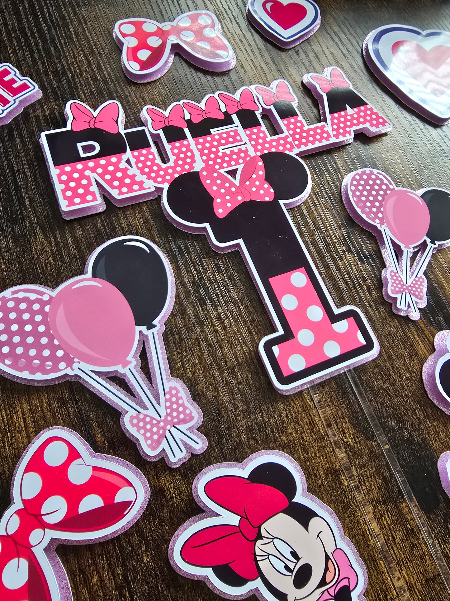 Pink Mouse Inspired Cake Topper Set – Personalised Girls Birthday Cake Decorations – Polka Dot Birthday Cake Topper