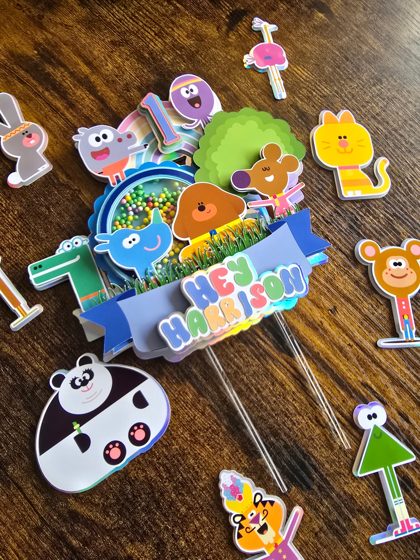 Colourful Cartoon Animal Cake Topper Set - Personalised Name & Age - Kids First Birthday Cake Decorations