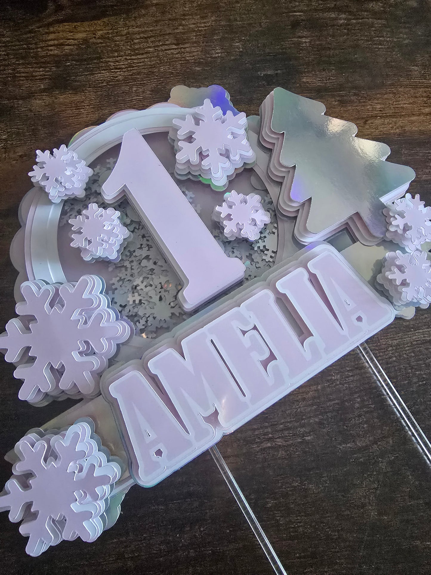 Winter ONE Birthday Cake Topper - Personalised Name & Age - Snowflake First Birthday Decorations