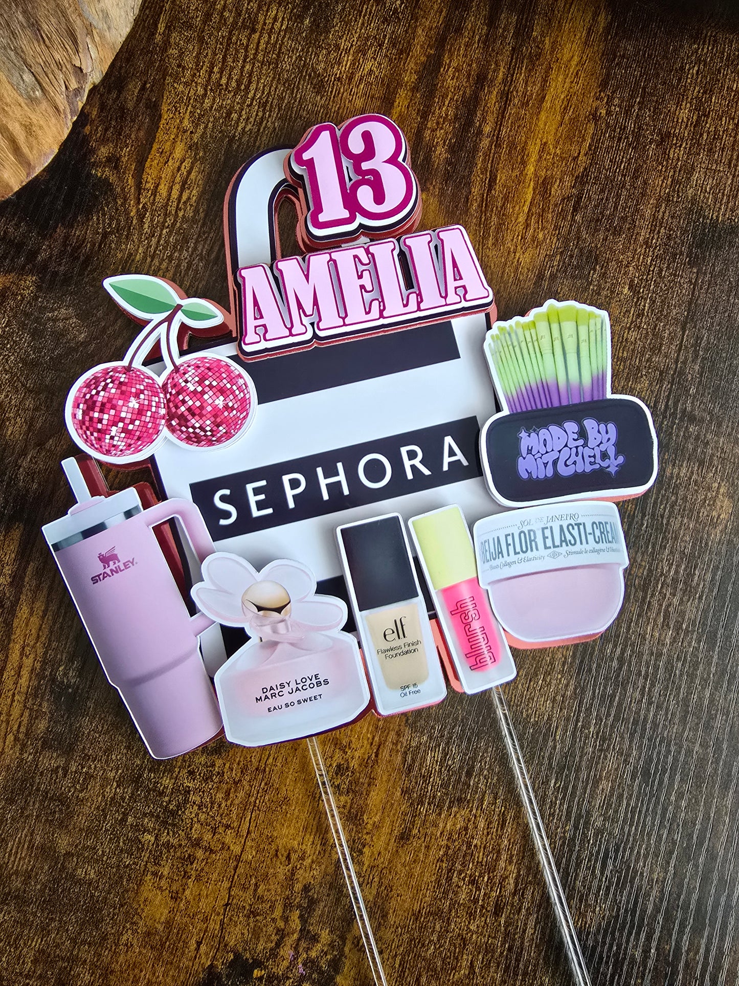 Glam Makeup Birthday Cake Topper - Personalised Name & Age - Beauty Theme Party Decoration