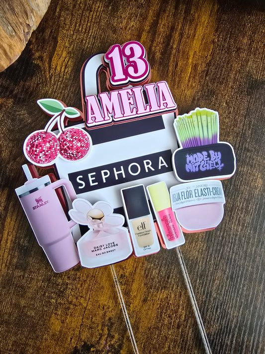 Glam Makeup Birthday Cake Topper - Personalised Name & Age - Beauty Theme Party Decoration