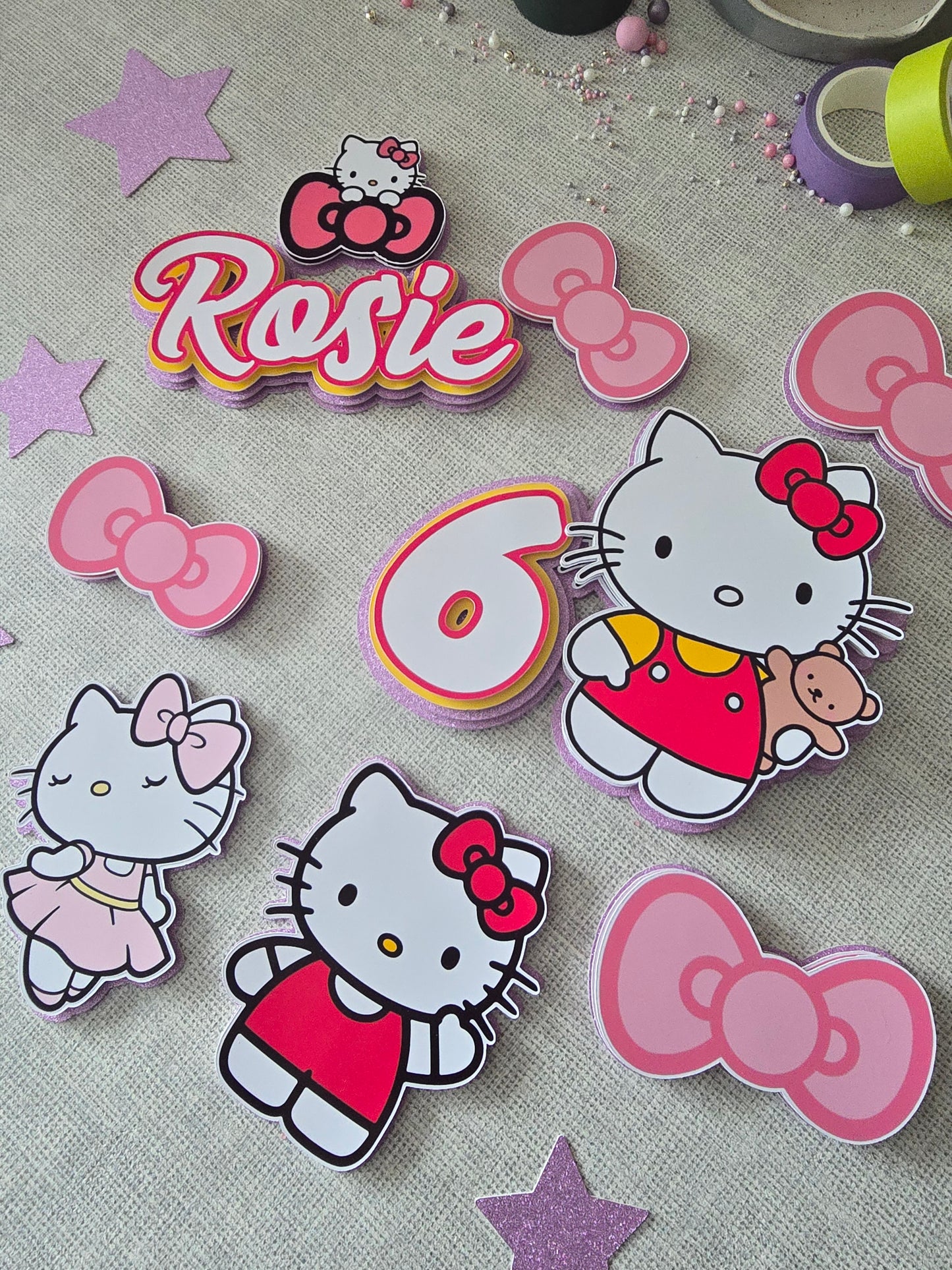 Personalised Cute Kitty Cake Topper Set – Pink Bow Birthday Cake Decorations – Custom Name & Age – Cartoon Kitty Theme