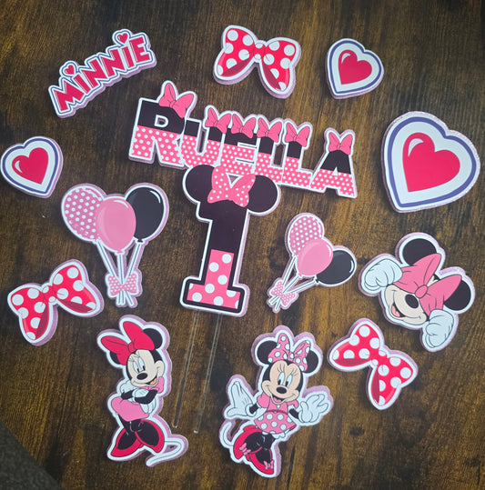 Pink Mouse Inspired Cake Topper Set – Personalised Girls Birthday Cake Decorations – Polka Dot Birthday Cake Topper