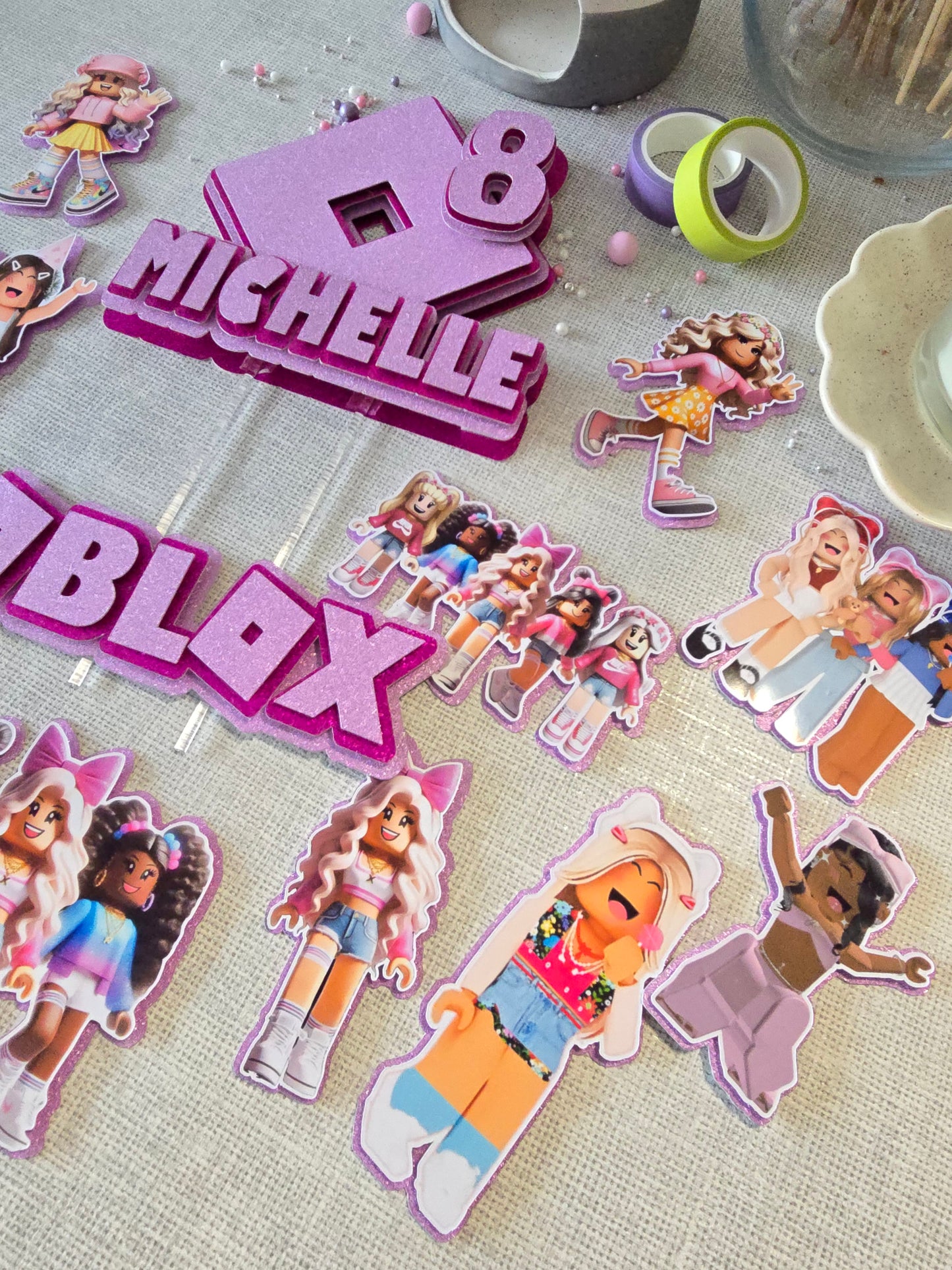 Personalised Gaming Avatar Cake Topper Set – Custom Name & Age Birthday Decorations – Pink Gamer Theme